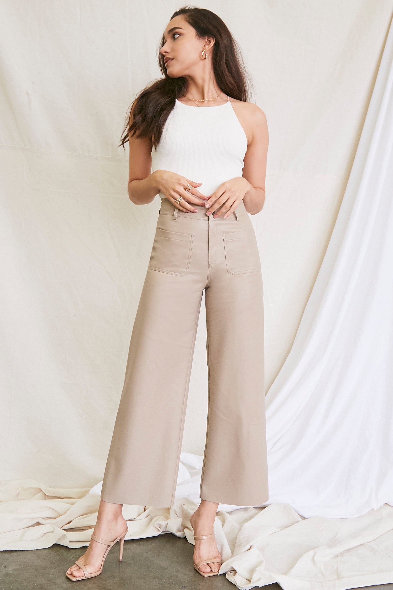 Taupe Cropped Wide-Leg Trousers 4