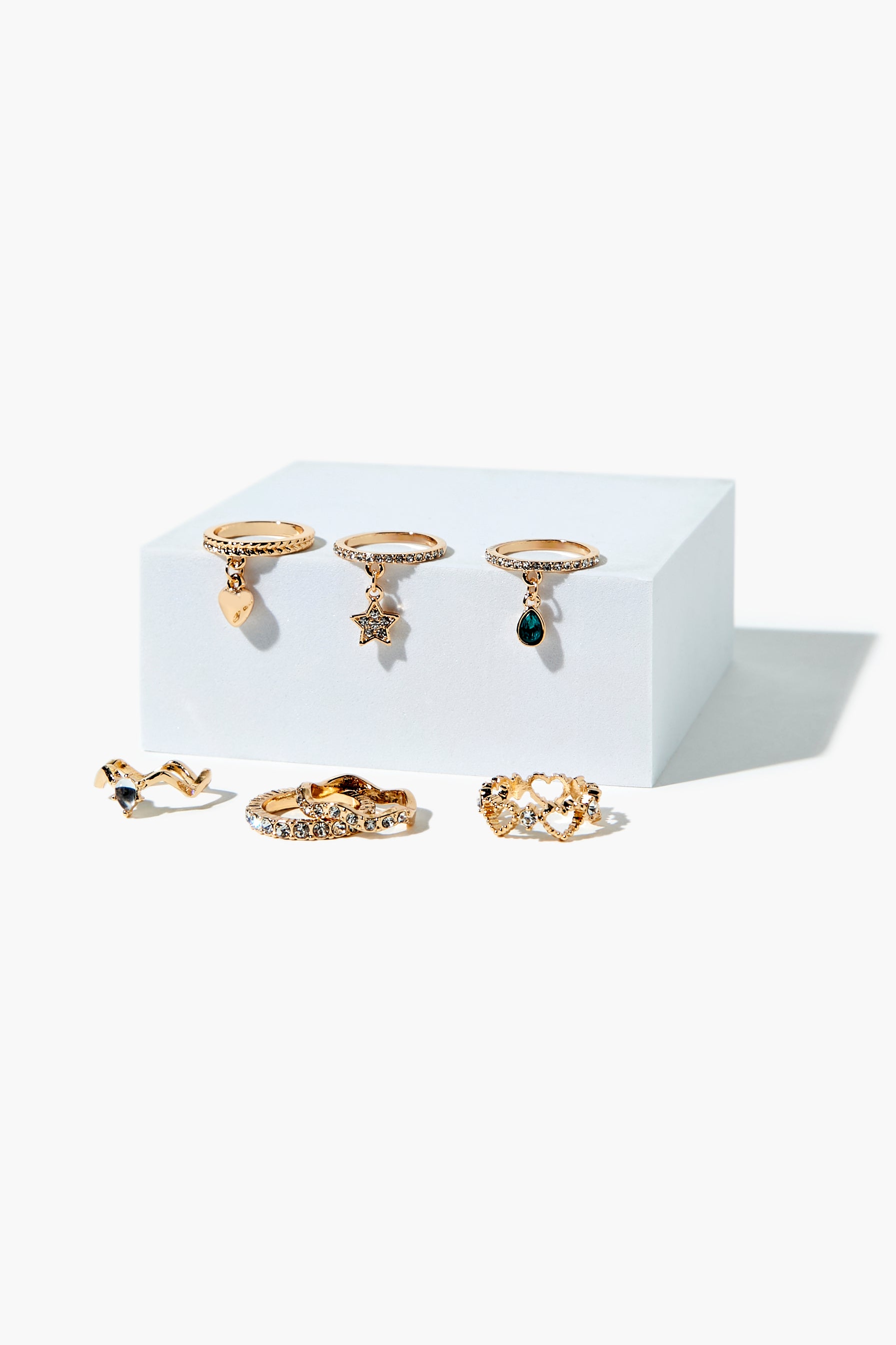 Gold/Clear Assorted Rhinestone & Charm Ring Set