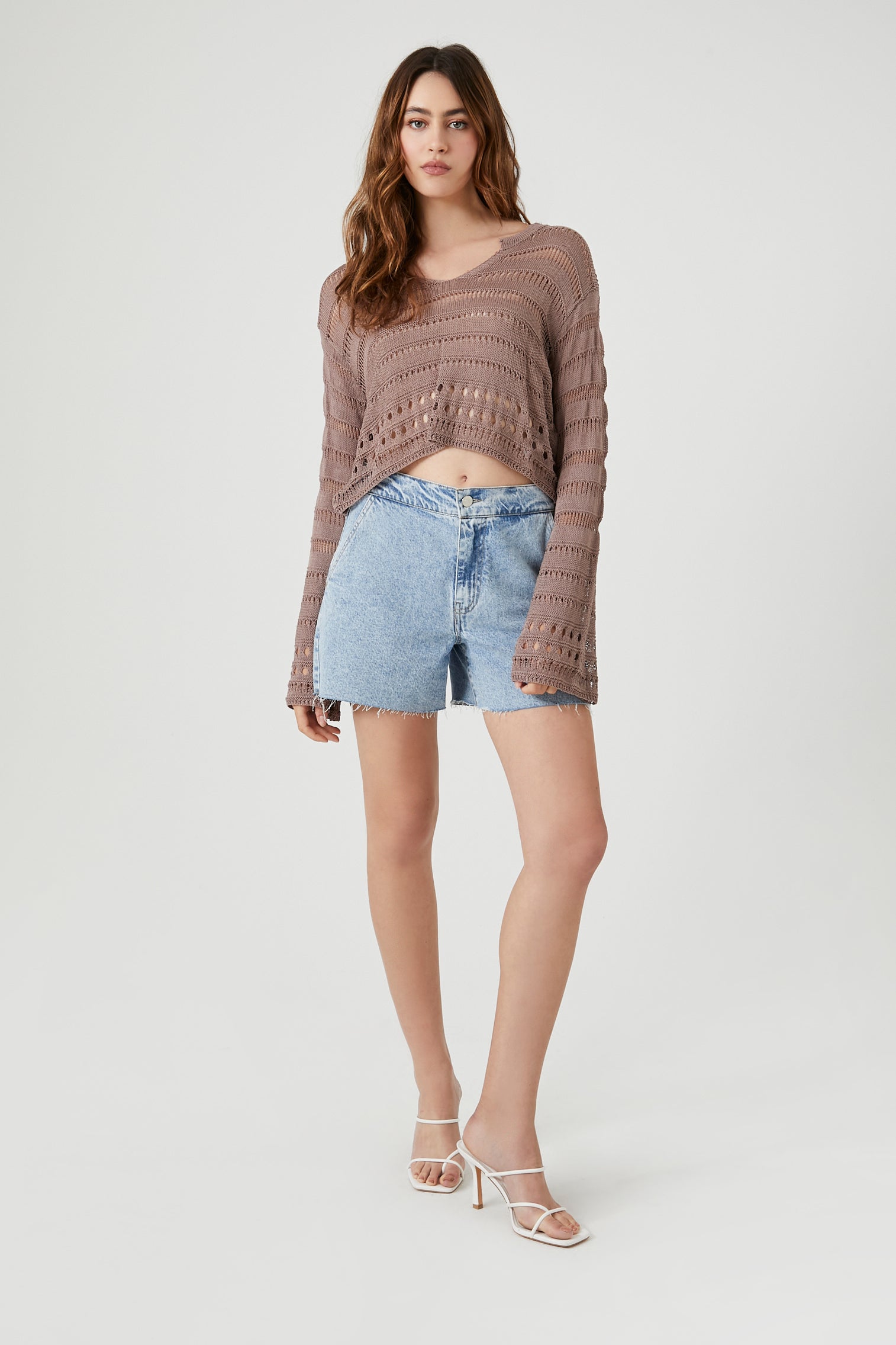 Brown Cropped Open-Knit Sweater 3