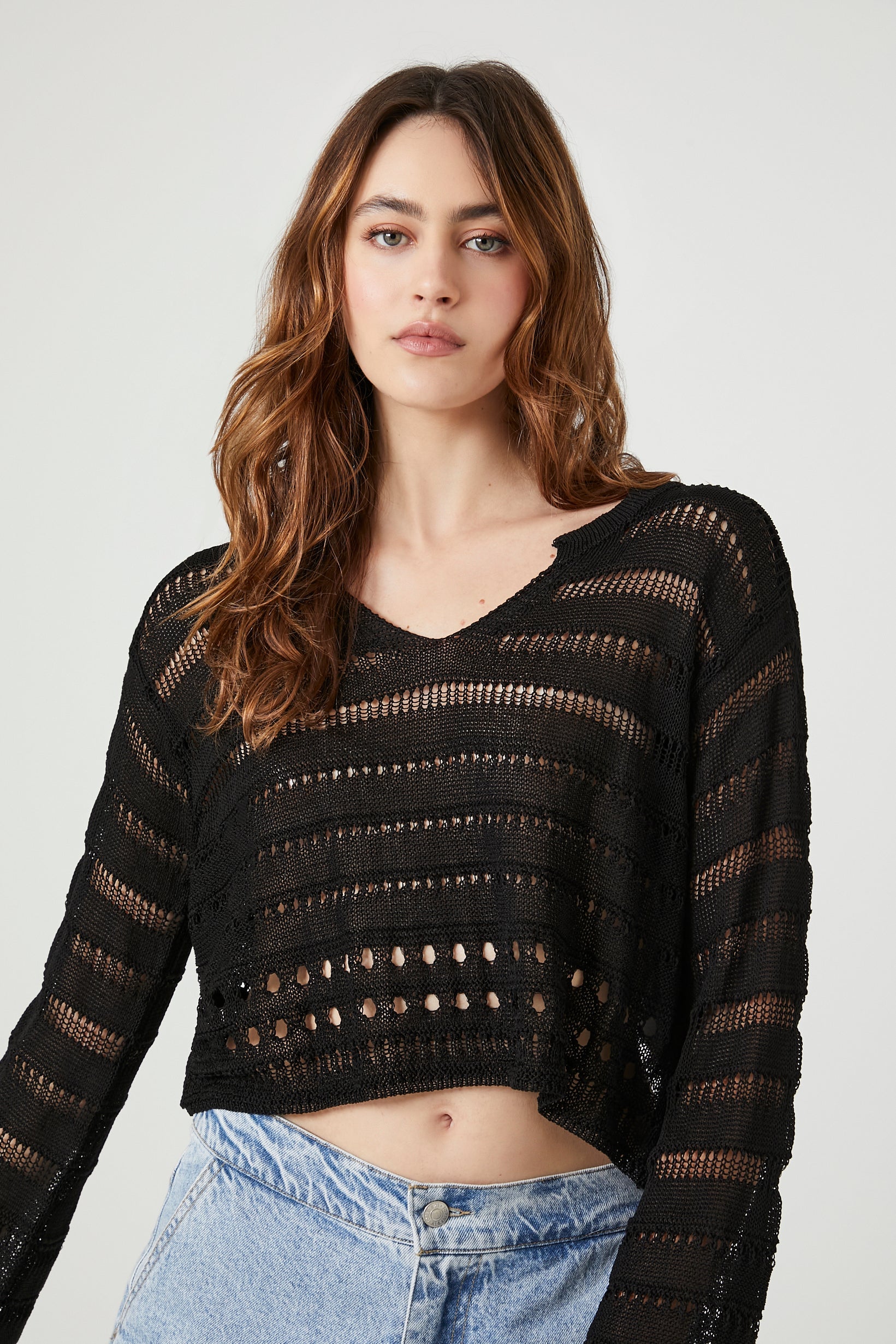 Black Cropped Open-Knit Sweater
