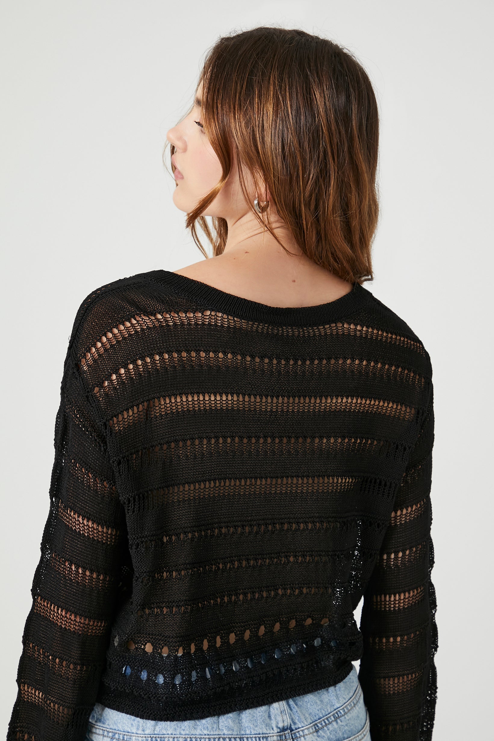 Black Cropped Open-Knit Sweater 2