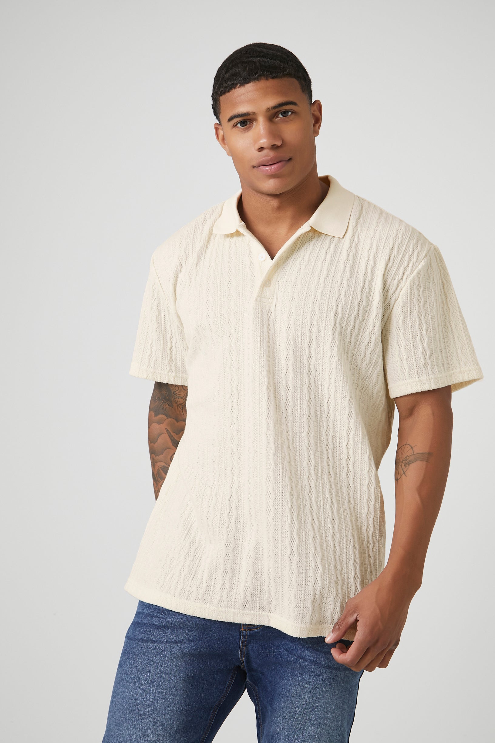 Cream Cable Knit Polo Shirt