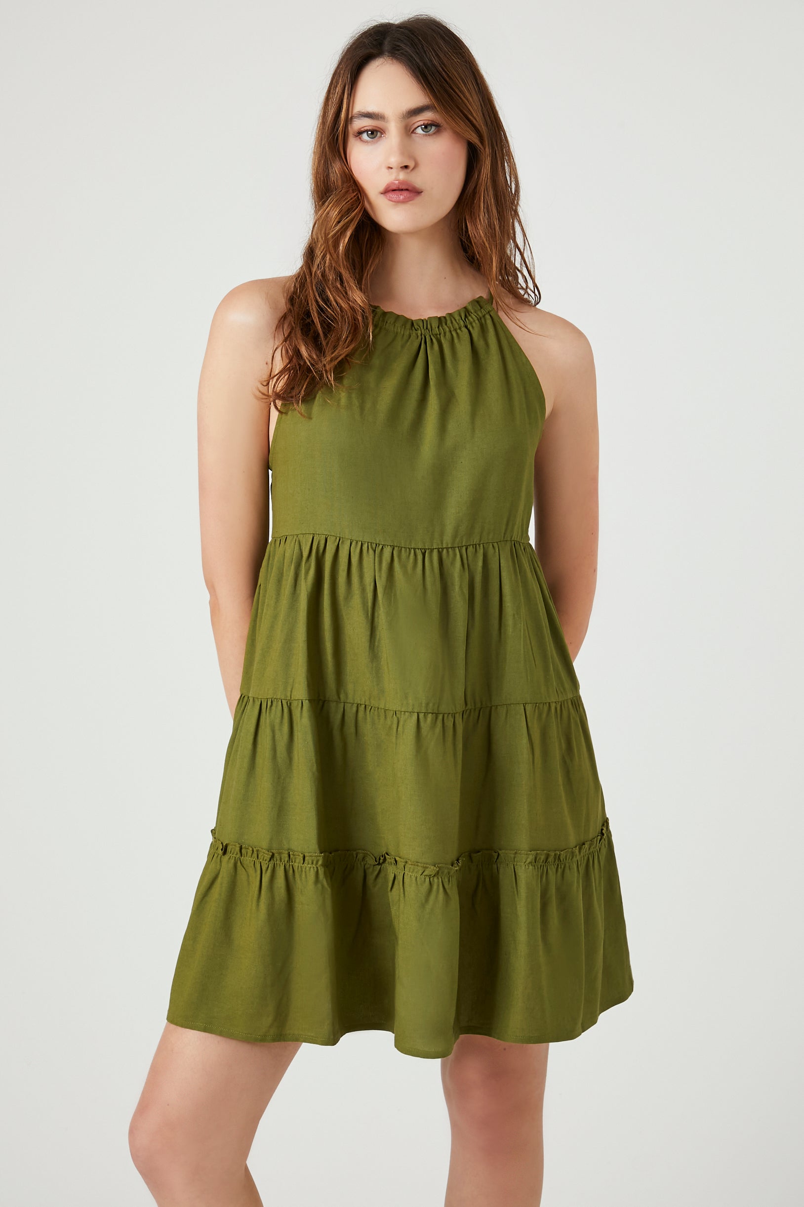 Olive Tiered Halter Shift Mini Dress