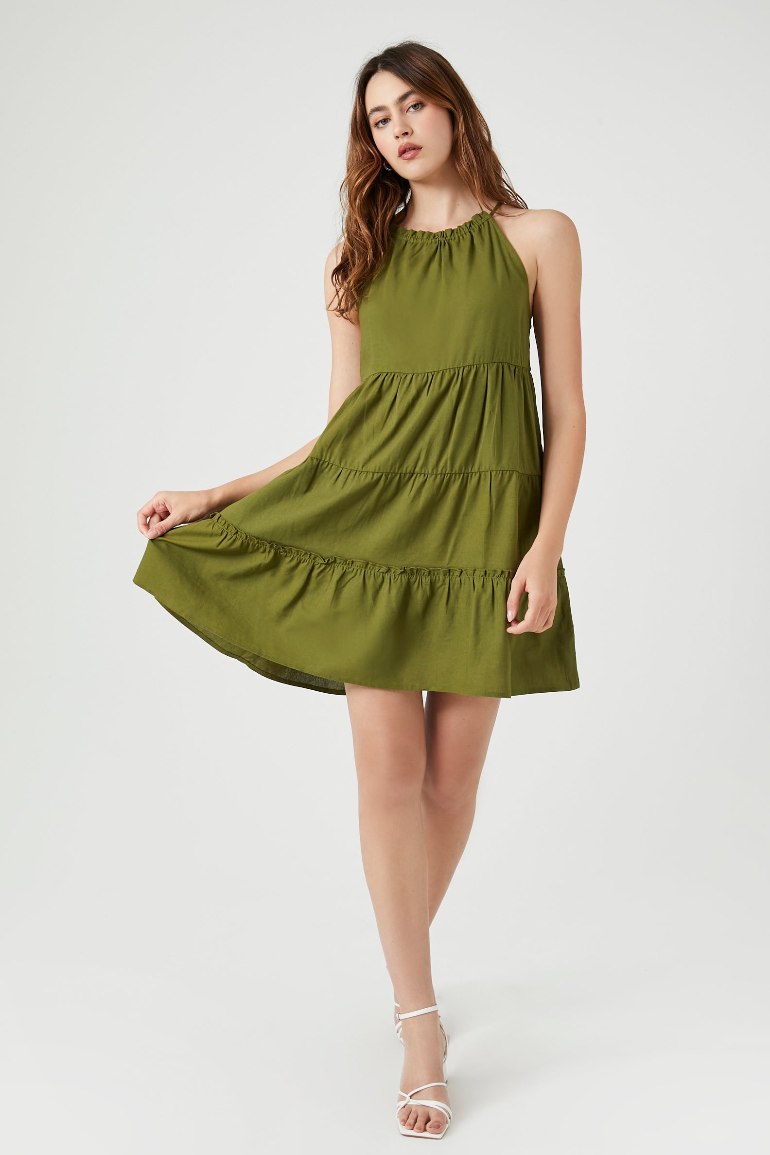 Olive Tiered Halter Shift Mini Dress 3
