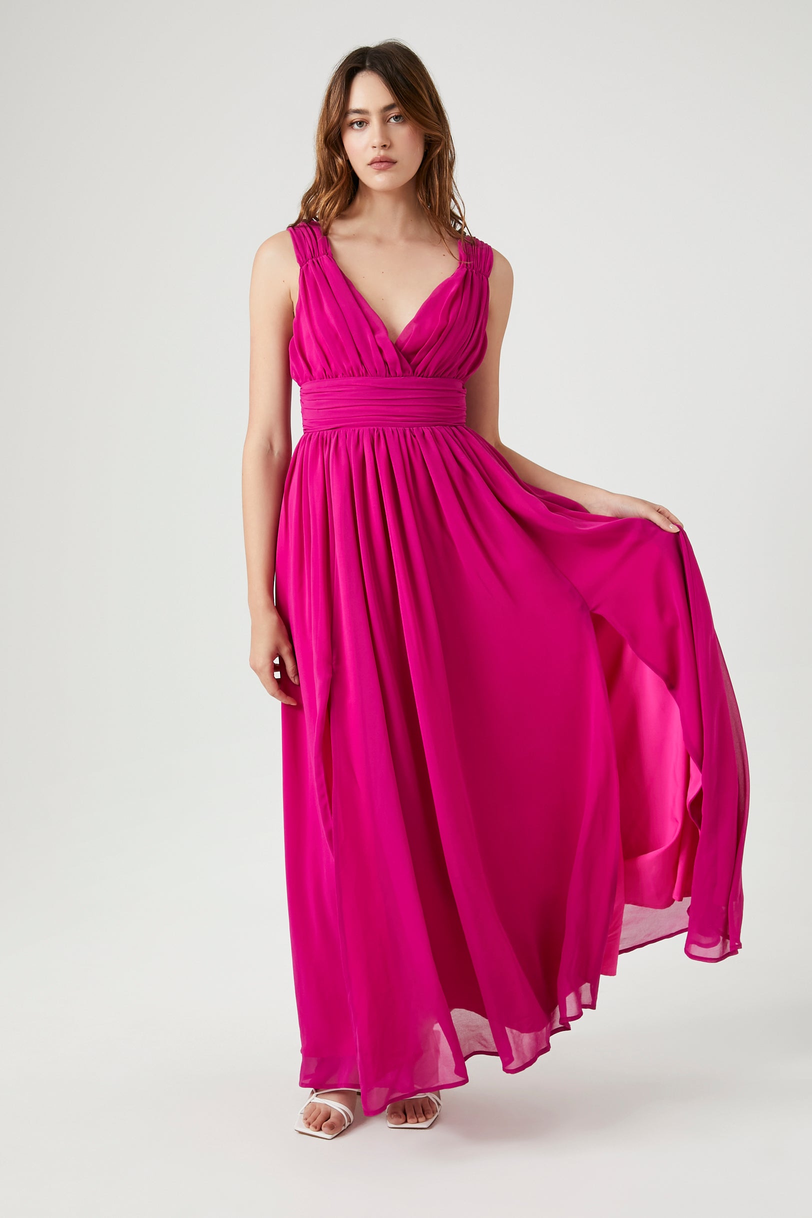 Pink/Fuchsia Shirred Sleeveless Maxi Dress