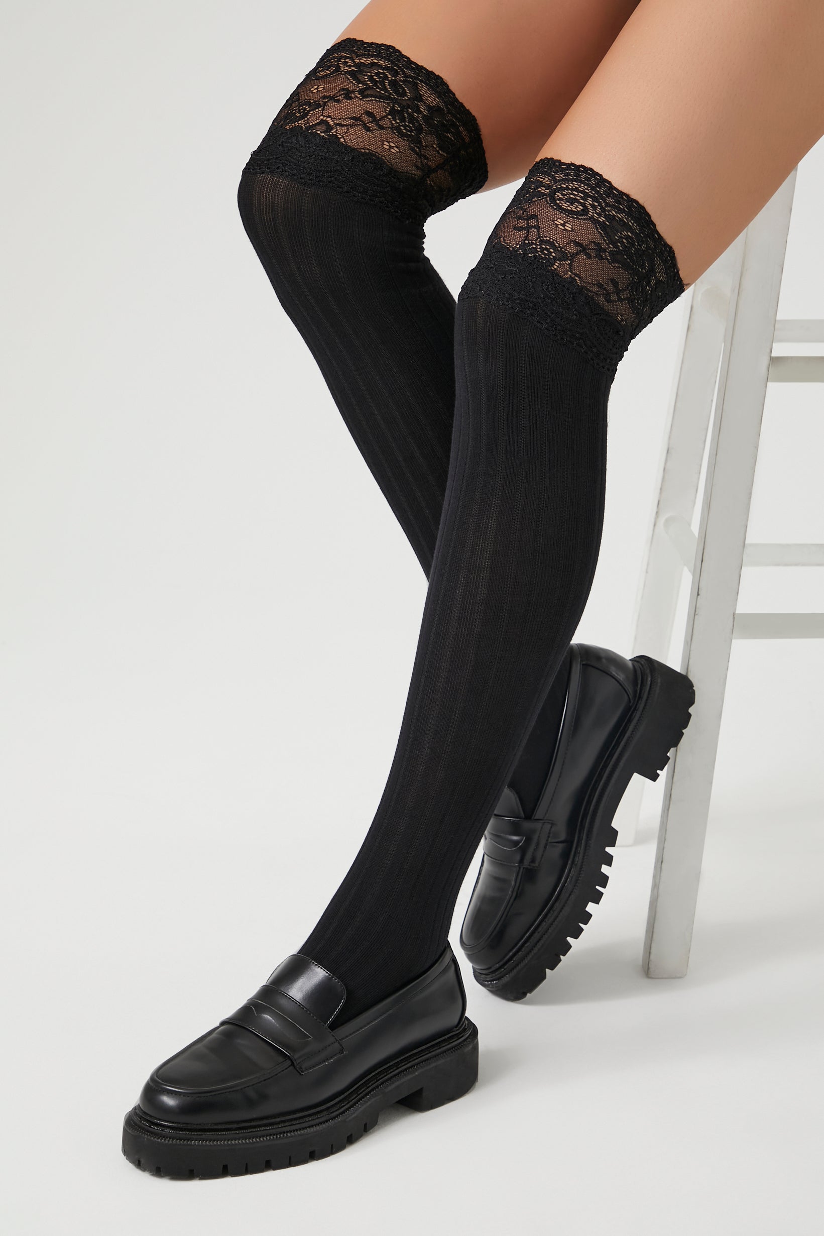 Black Lace-Trim Over-the-Knee Socks