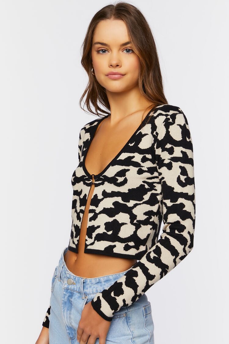 Black/ Cream Abstract Print Cropped Sweater 2