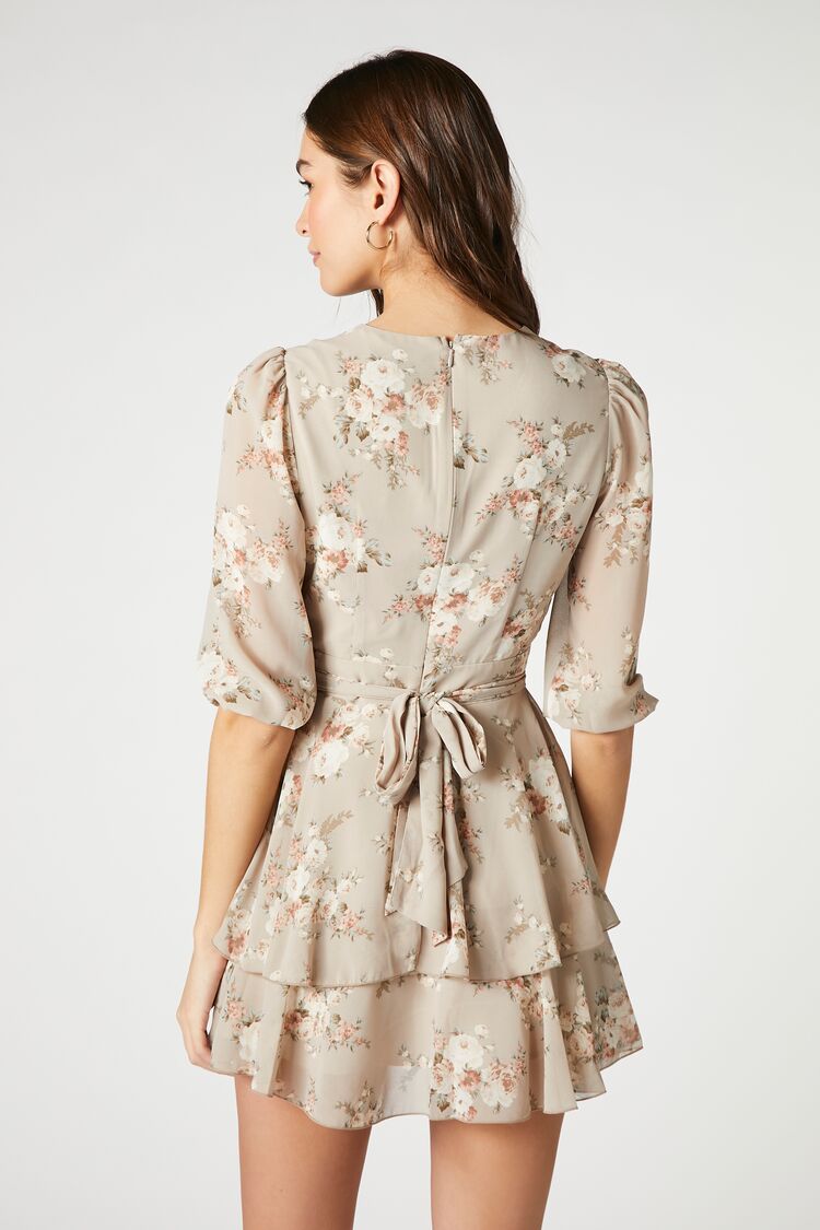 Taupe/ Multi Floral Print Chiffon Mini Dress 3