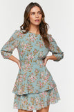 Sage/ Multi Floral Print Chiffon Mini Dress 1