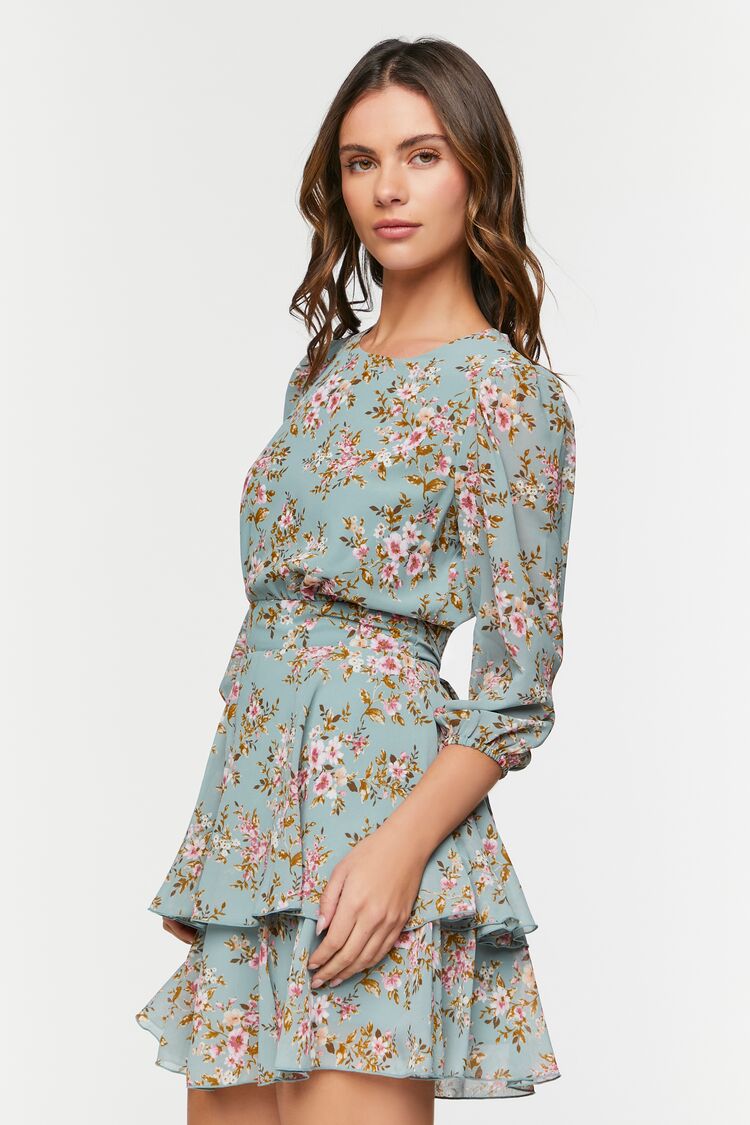 Sage/ Multi Floral Print Chiffon Mini Dress 2