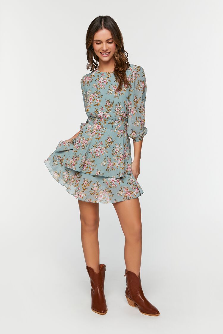 Sage/ Multi Floral Print Chiffon Mini Dress