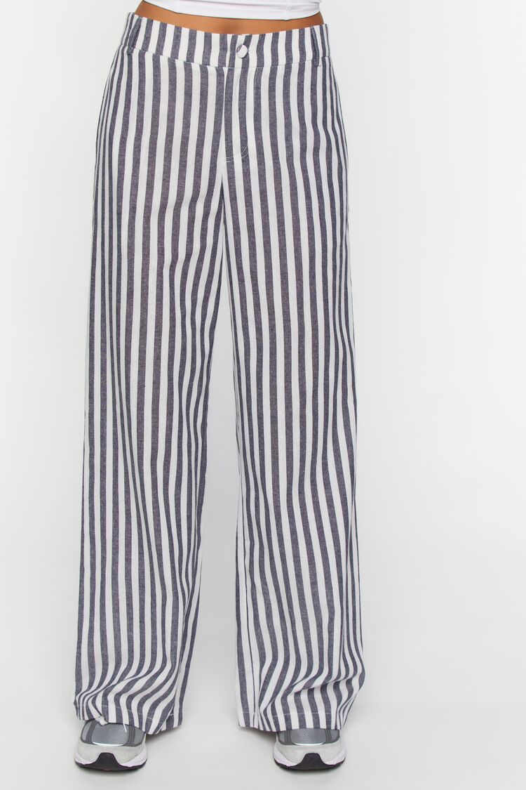 Navywhite Linen-Blend Striped Wide-Leg Pants