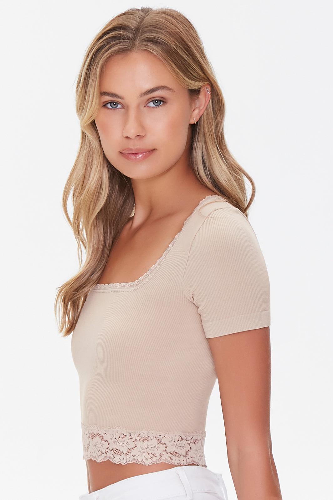 Taupe Lace-Trim Cropped Tee 1