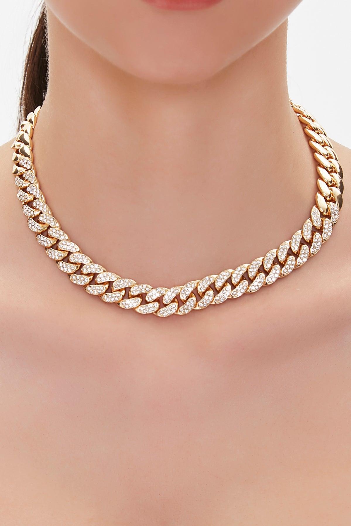 Gold Rhinestone Curb Chain Necklace 