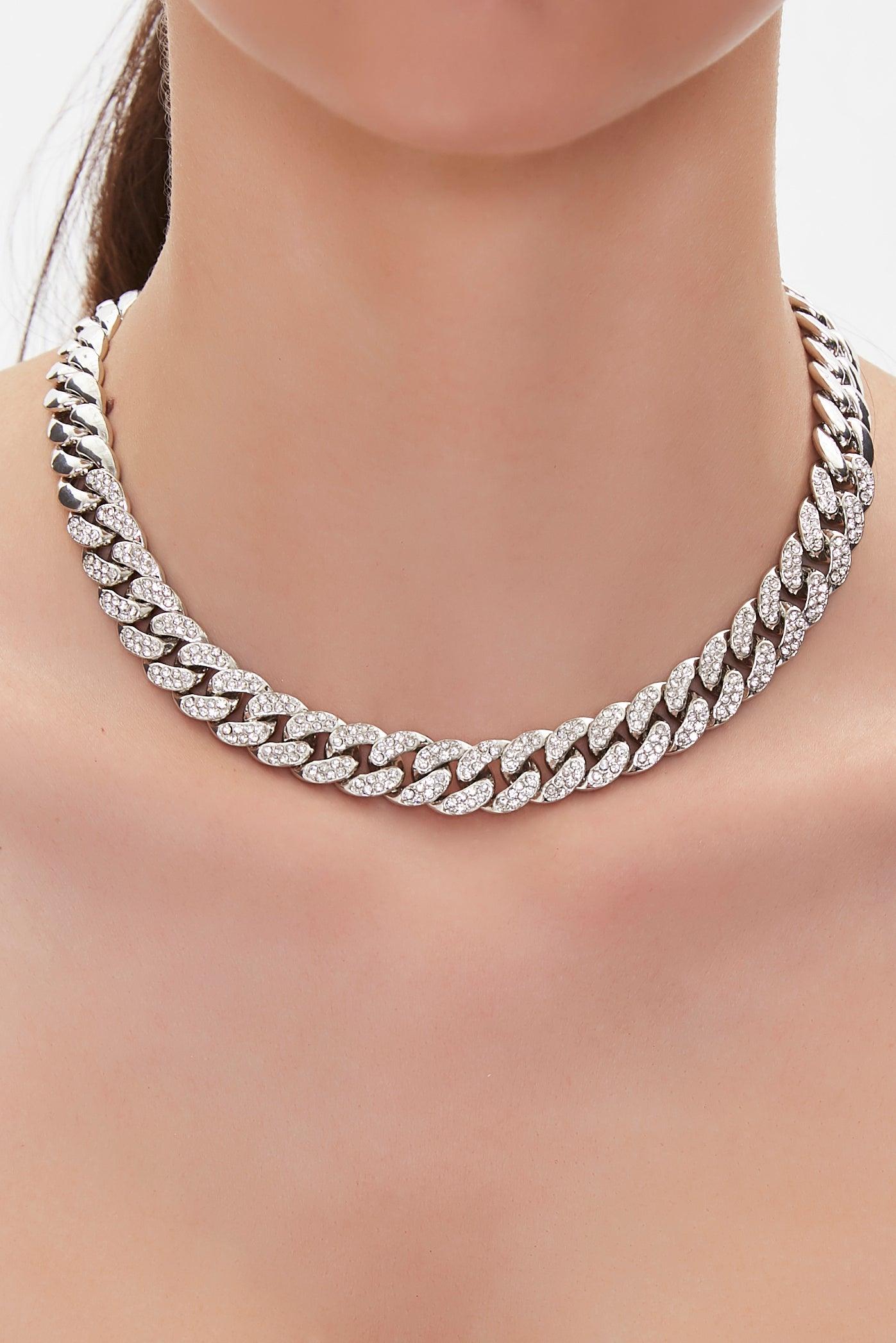 Silver Rhinestone Curb Chain Necklace 