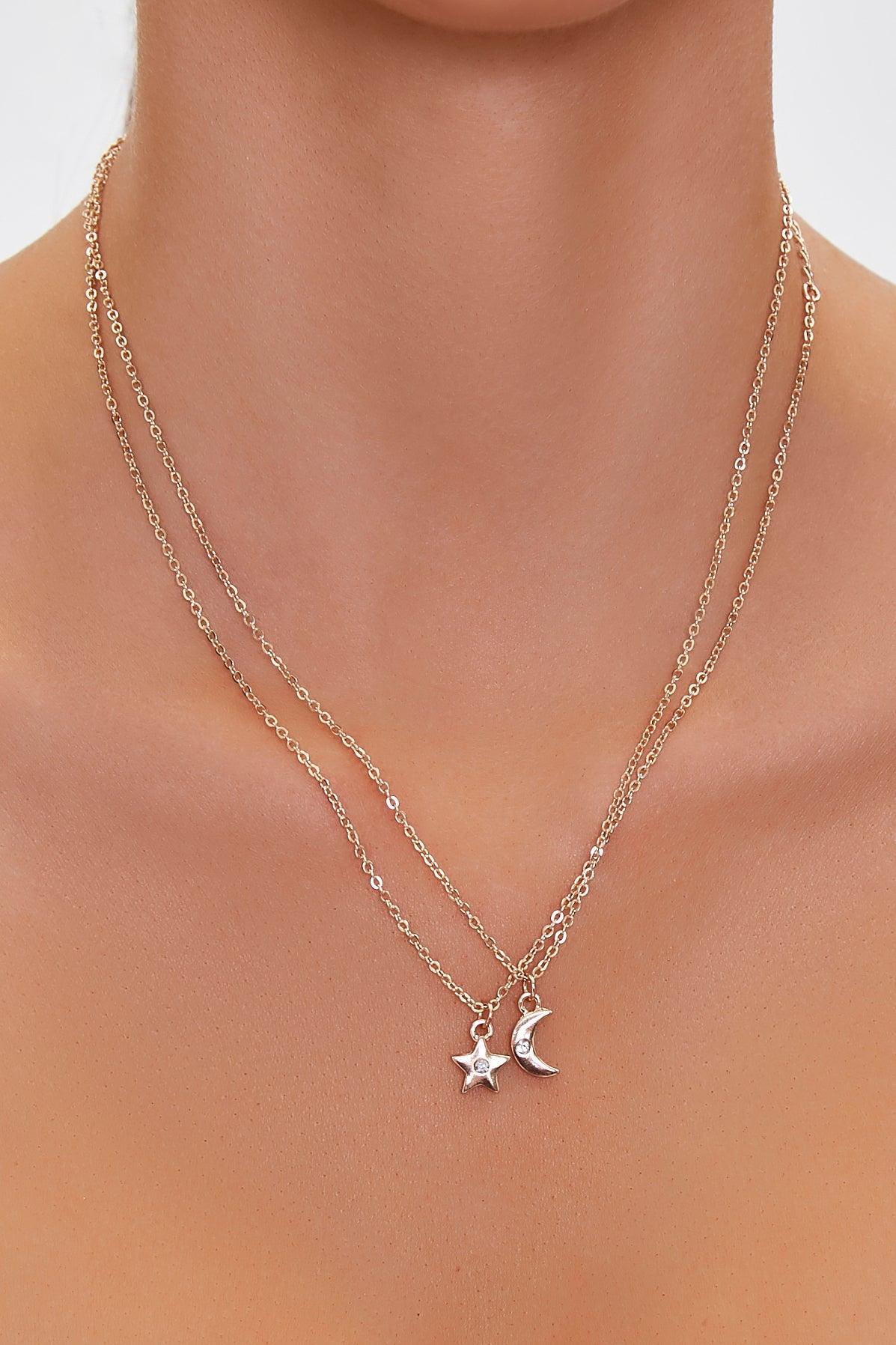 Gold Moon & Star Charm Necklace Set 