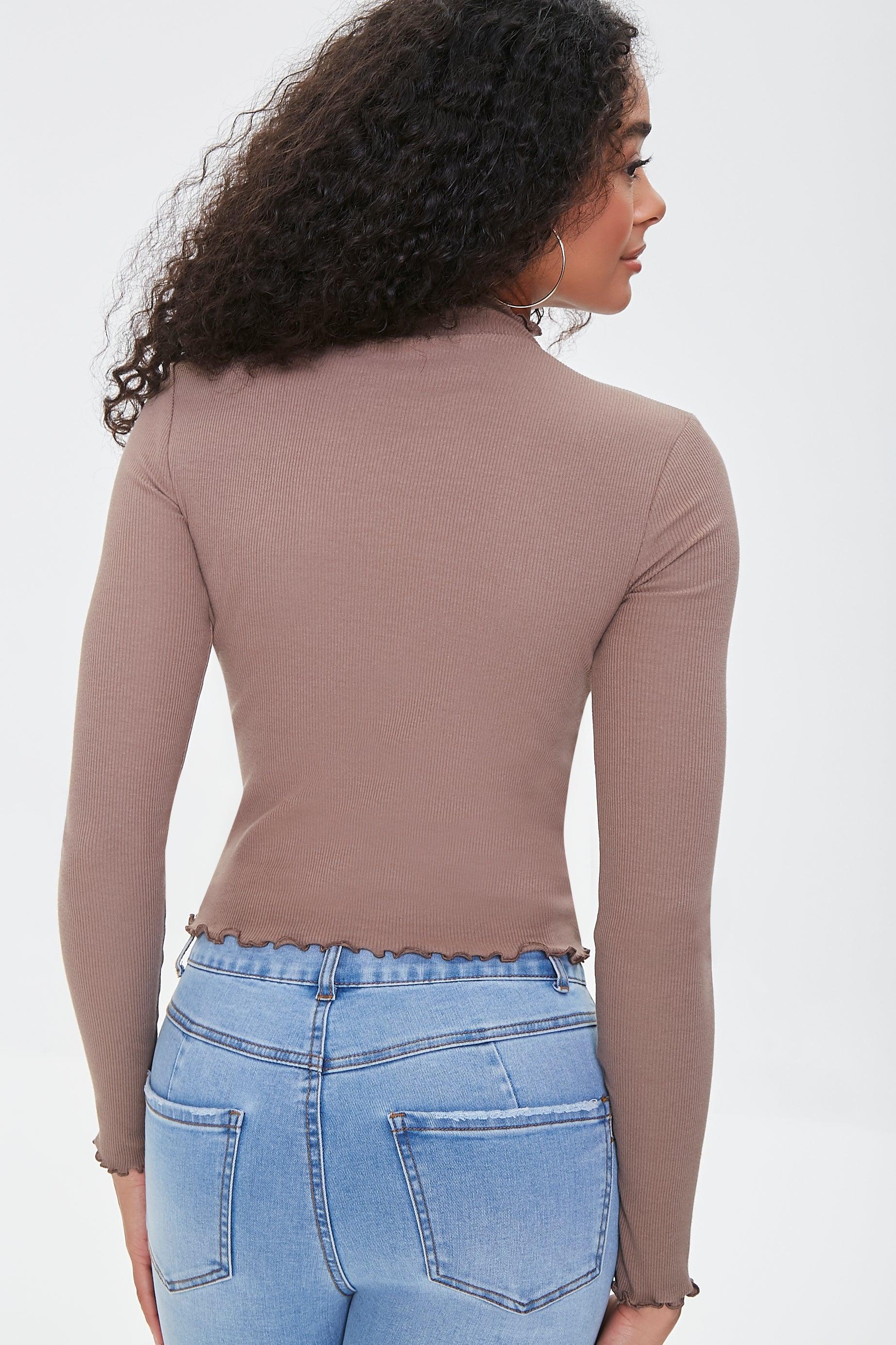 Only lettuce edge high neck ribbed top in brown