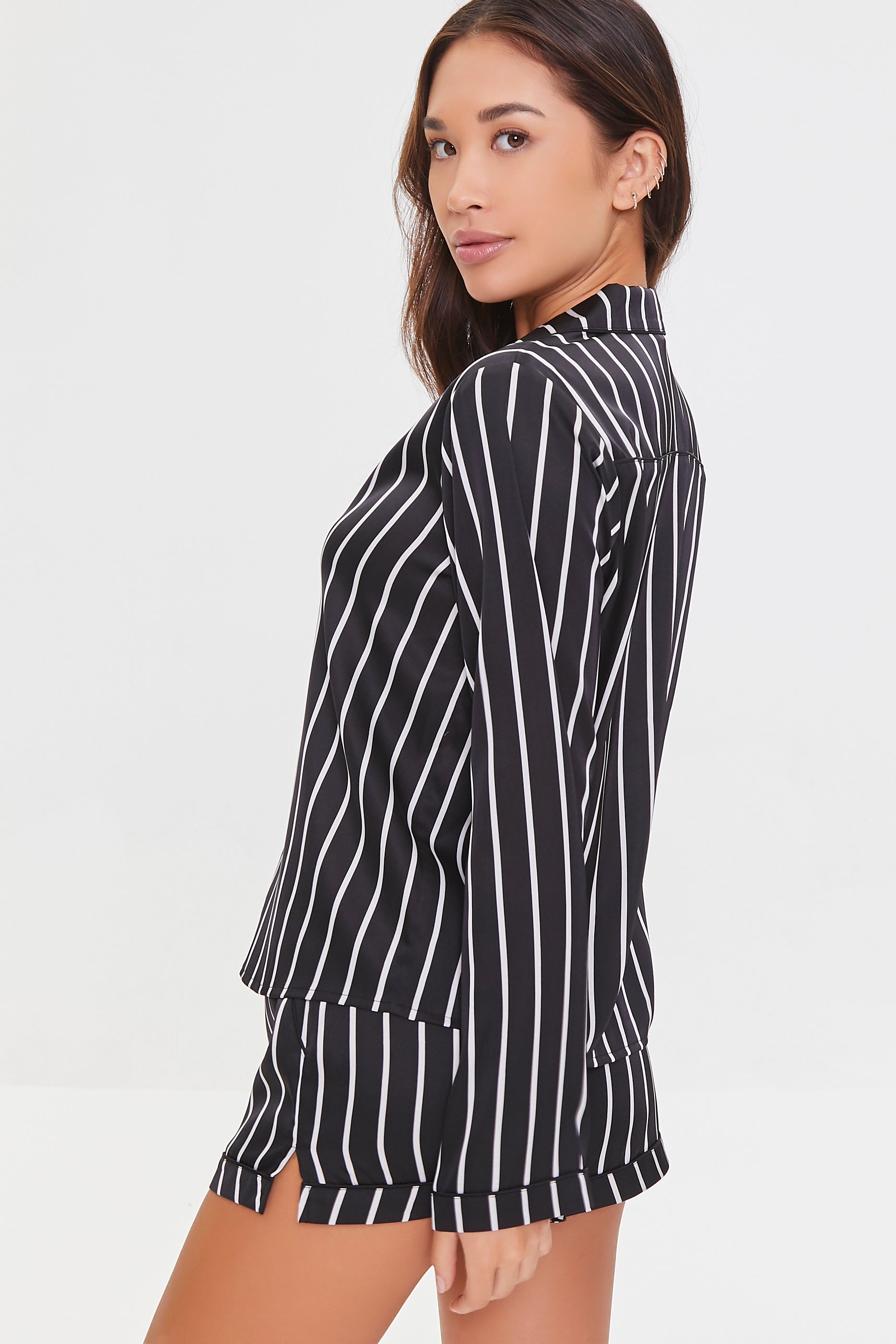 Blackcream Striped Shirt & Shorts Pajama Set 2