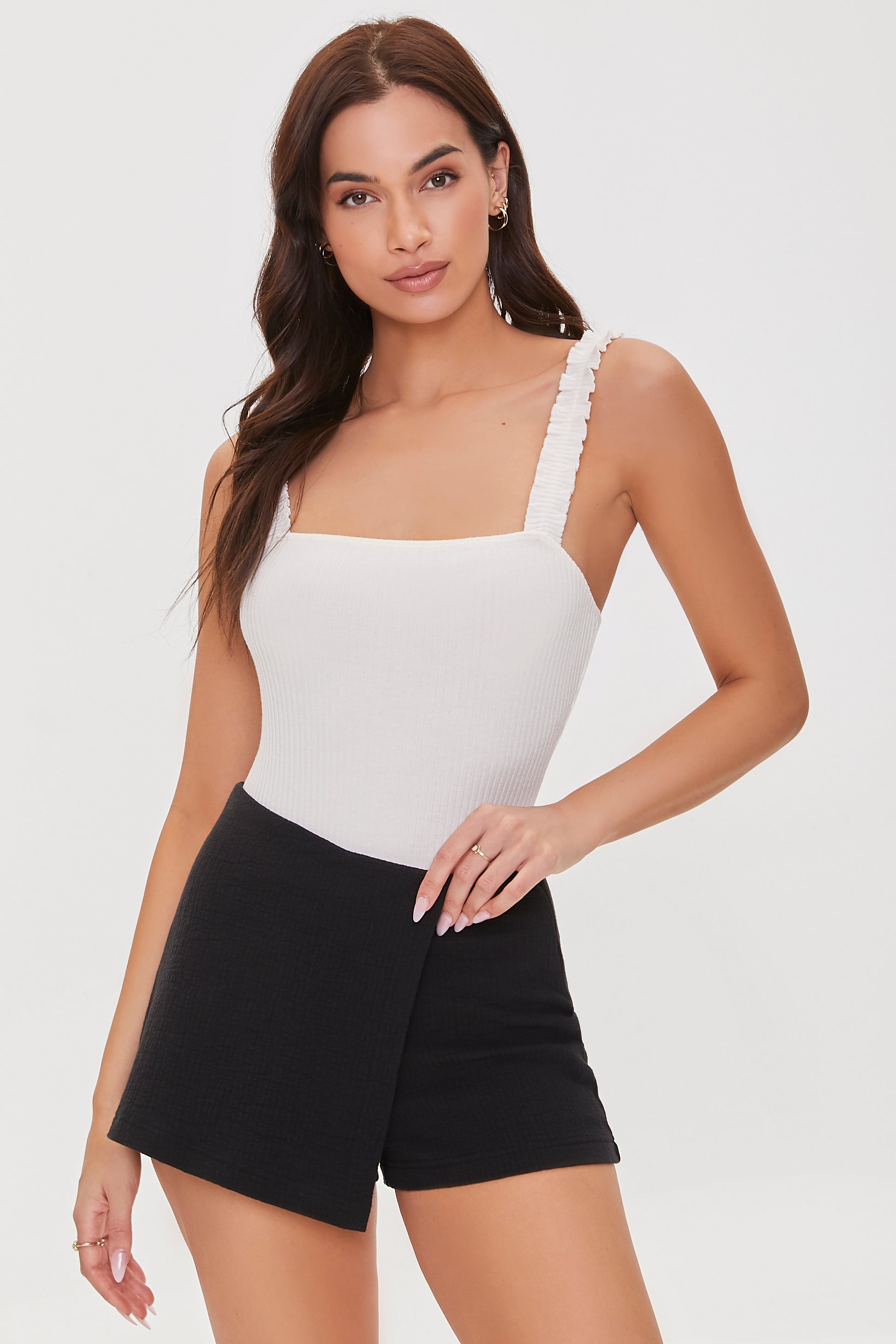 Cream Ruched-Strap Ribbed Bodysuit 