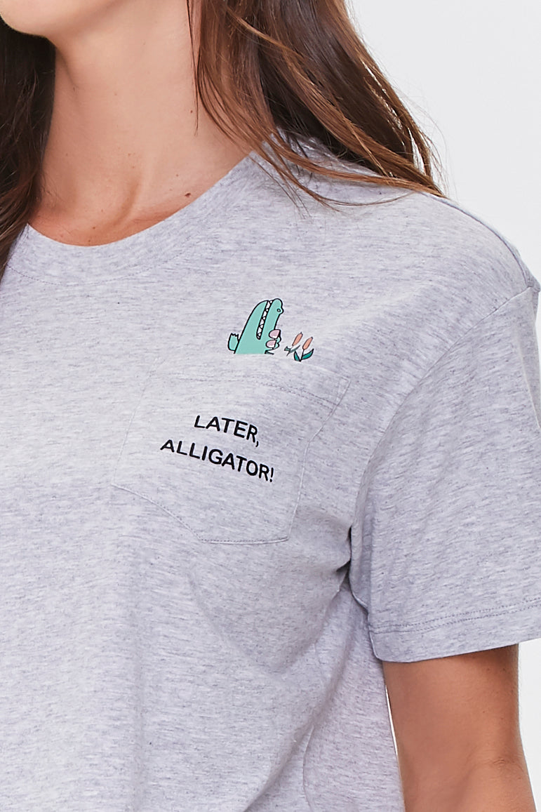 Heathergreylightpink Alligator Graphic Tee & Shorts Pajama Set 4