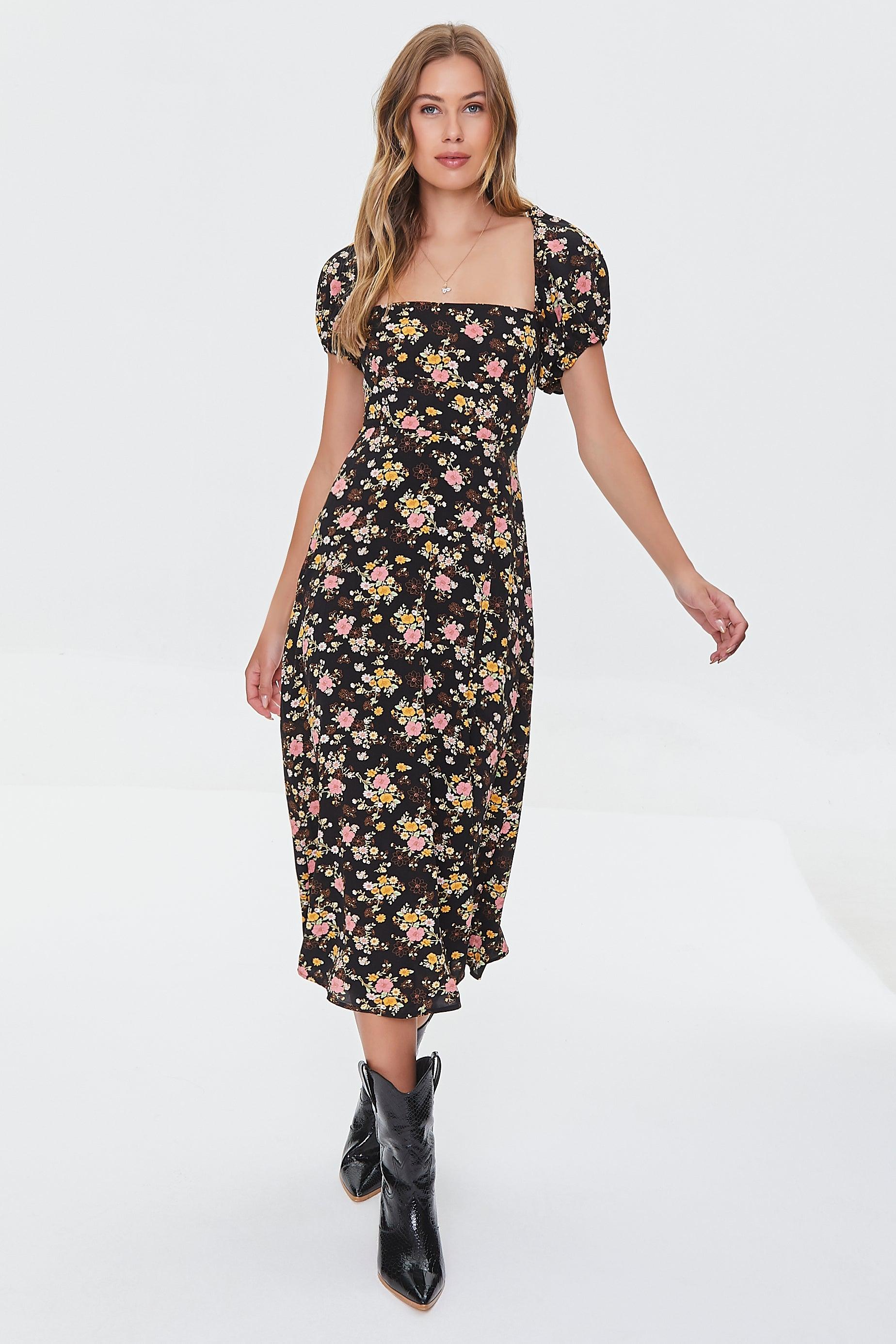 Blackmulti Floral Print Lace-Back Satin Dress 