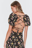Blackmulti Floral Print Lace-Back Satin Dress 4