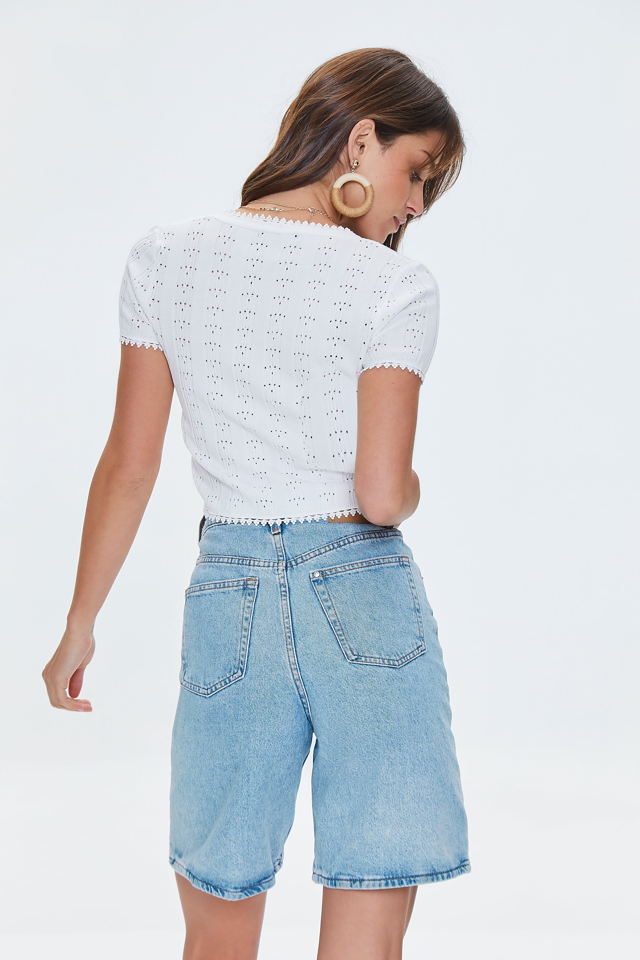 White Pointelle Sweater-Knit Crop Top 9