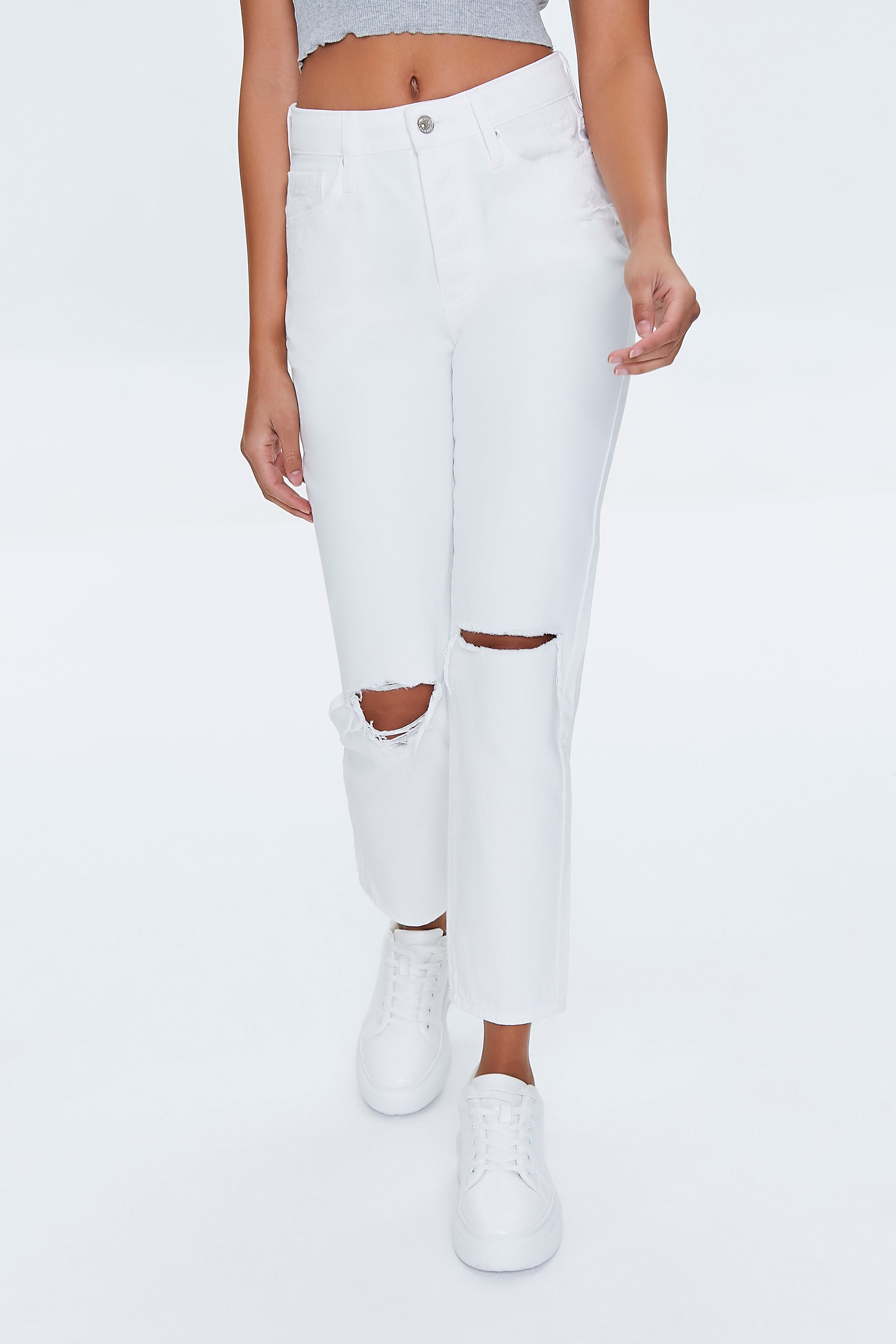White High-Rise Distressed Mom Jeans 1
