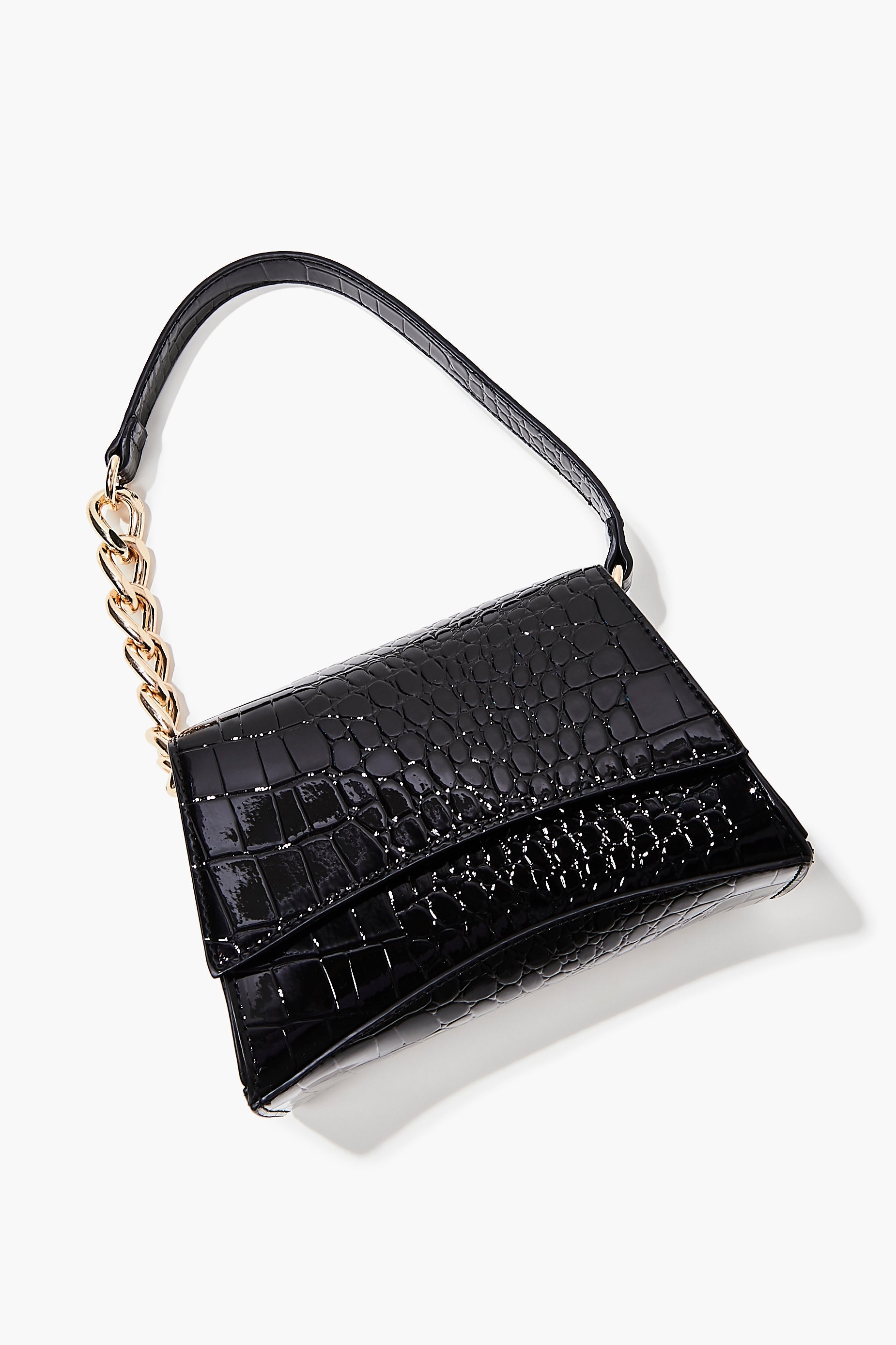 Black Faux Croc Leather Shoulder Bag 2