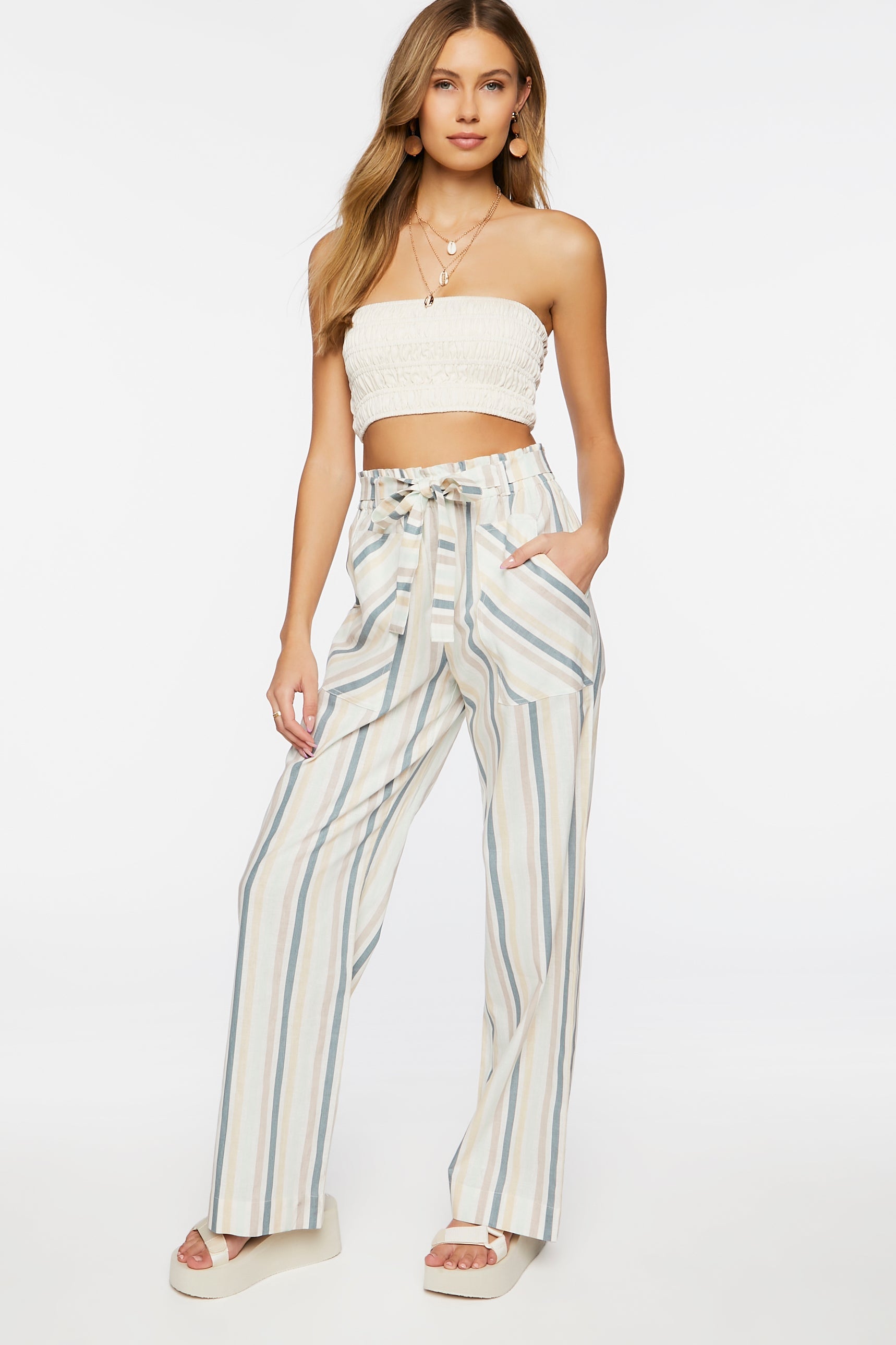 Creammulti Belted Striped Paperbag Pants 