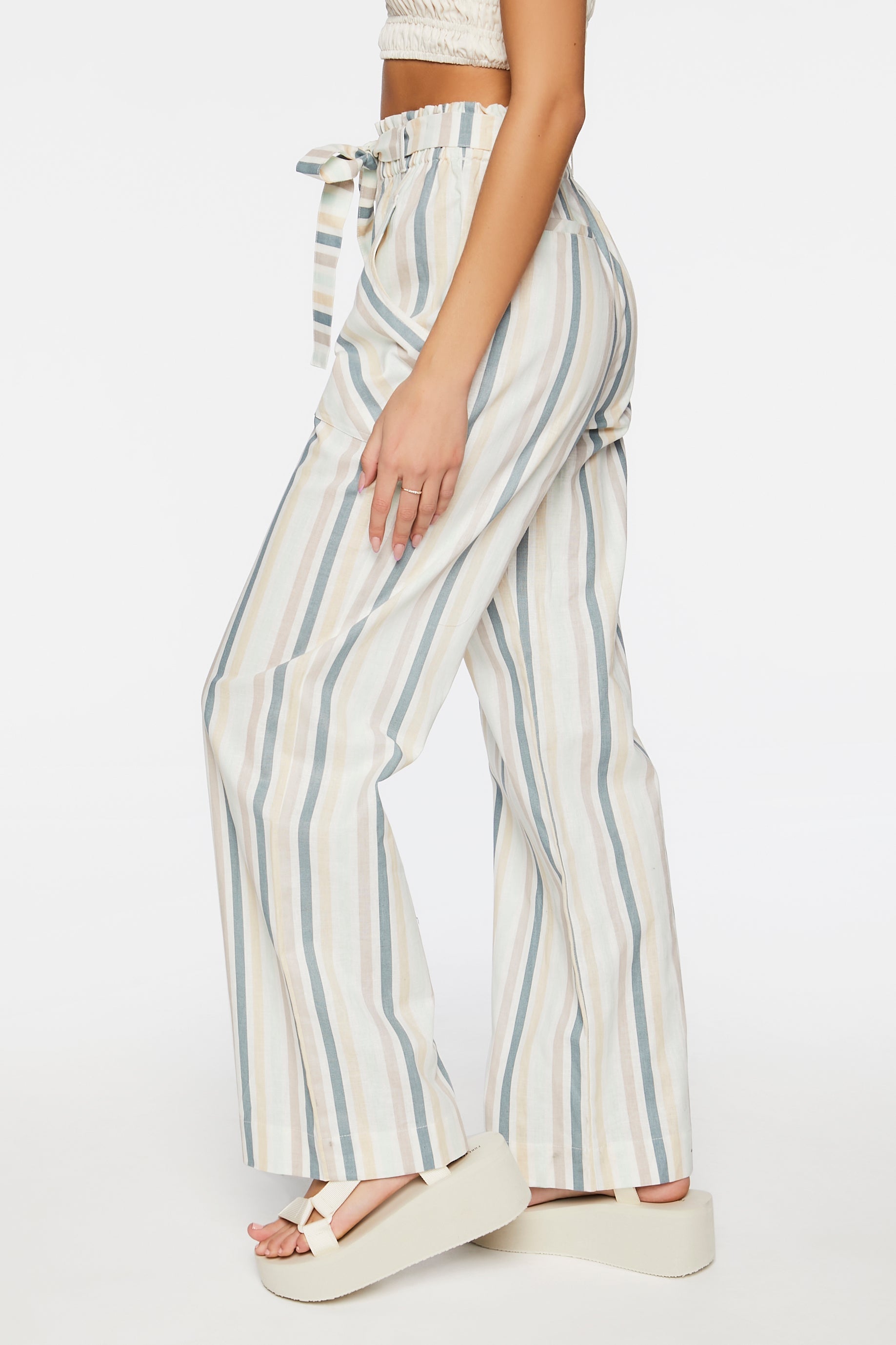 Creammulti Belted Striped Paperbag Pants 3