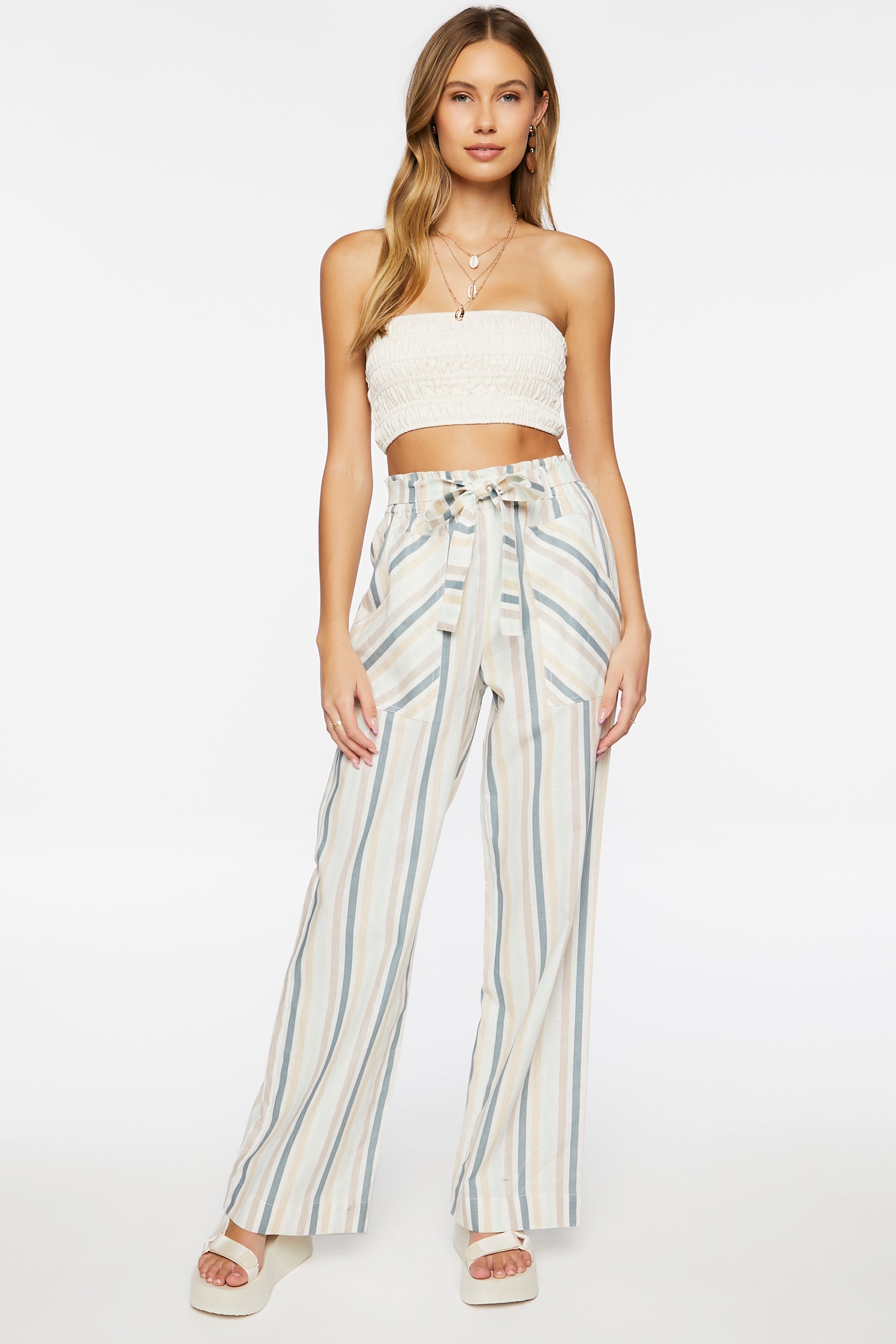 Creammulti Belted Striped Paperbag Pants 1