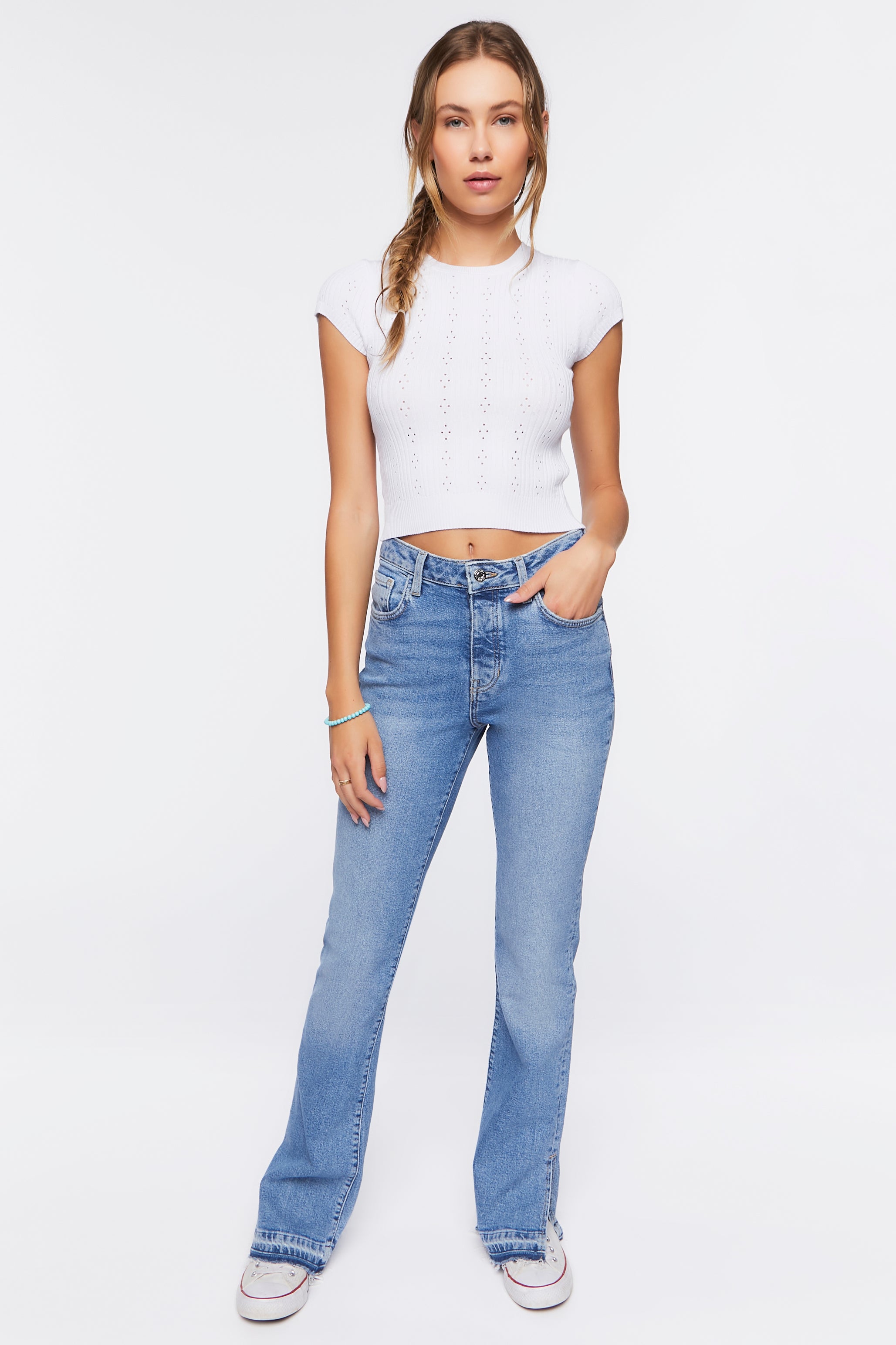 White Pointelle Sweater-Knit Crop Top 