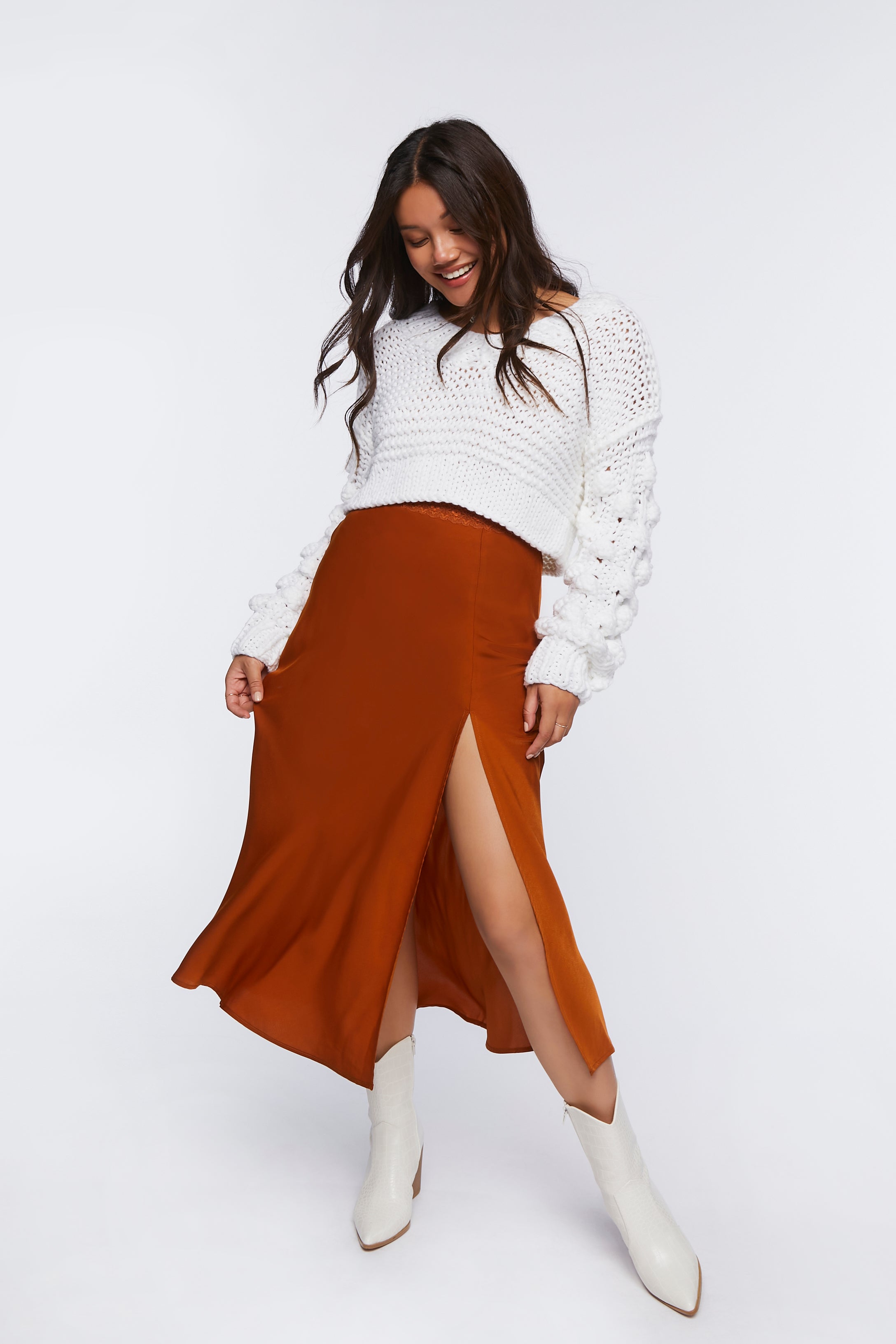 Rootbeer Satin Side-Slit Midi Skirt 