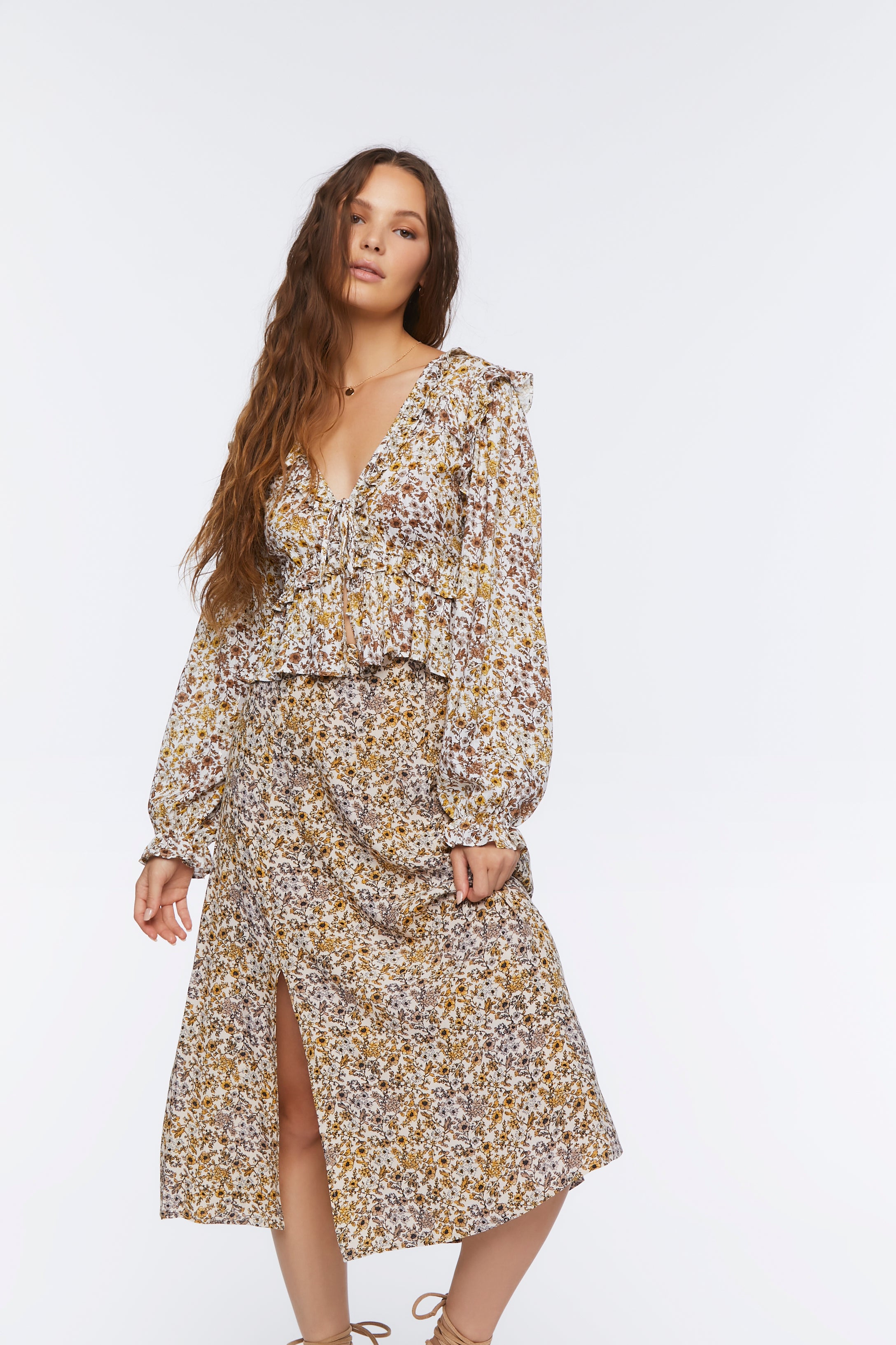 Taupe/multi Floral Print Midi Skirt 1