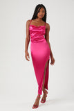 Shocking Pink Satin Asymmetrical Maxi Dress