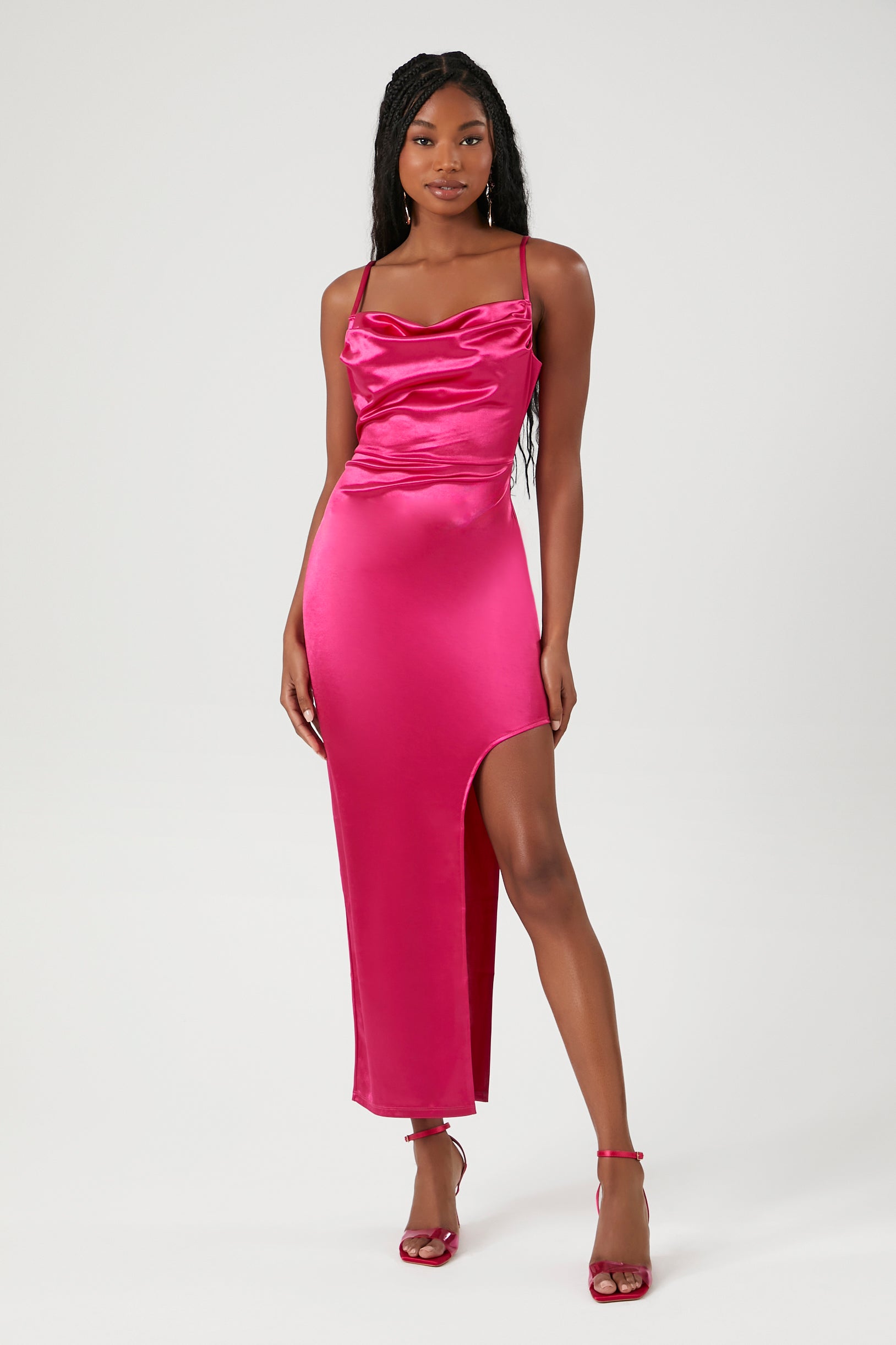 Shocking Pink Satin Asymmetrical Maxi Dress 3