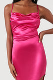 Shocking Pink Satin Asymmetrical Maxi Dress 4