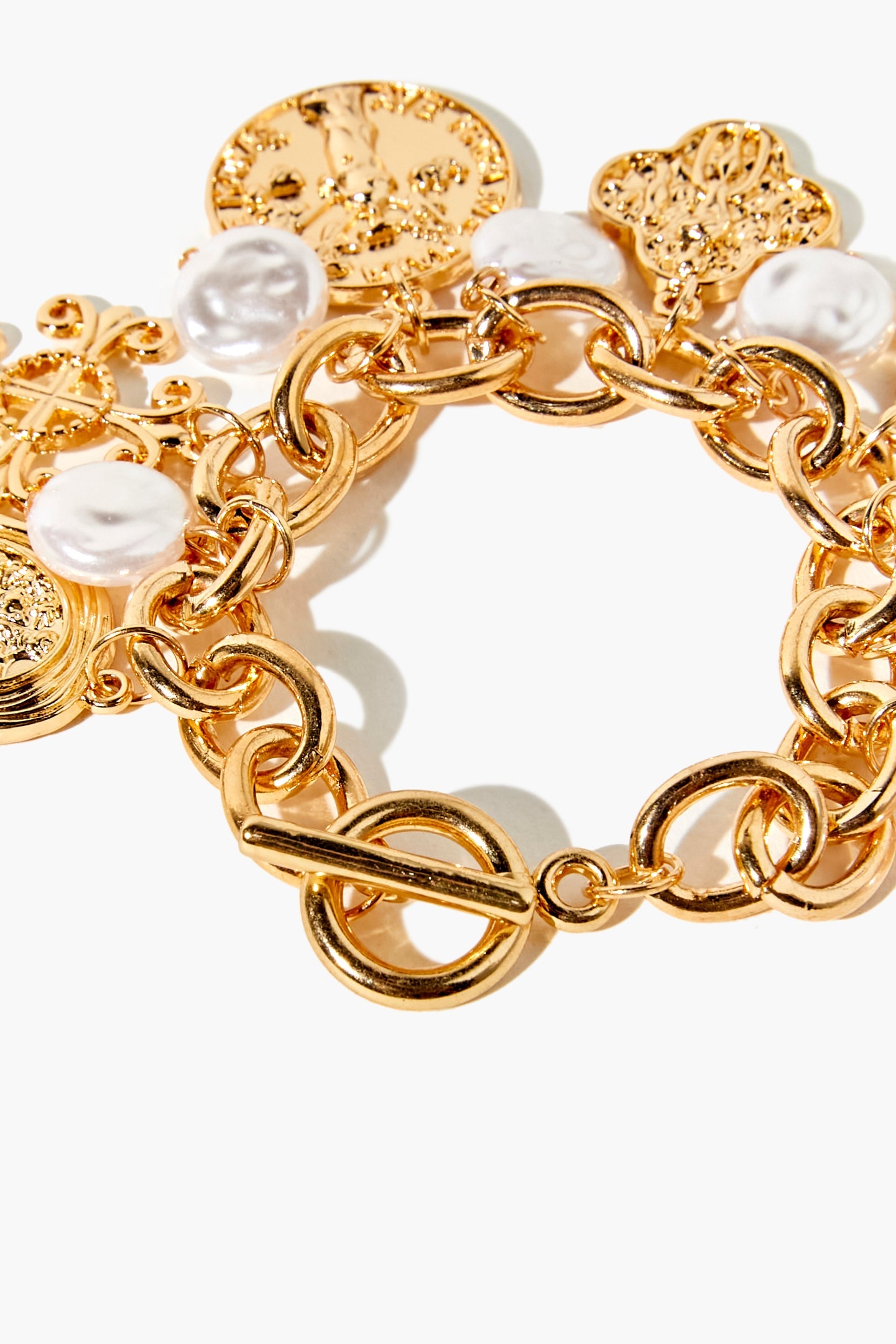 Gold Ornate Faux Pearl Charm Bracelet 2