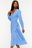 Blue Surplice Long-Sleeve Wrap Midi Dress 1