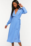 Blue Surplice Long-Sleeve Wrap Midi Dress 3