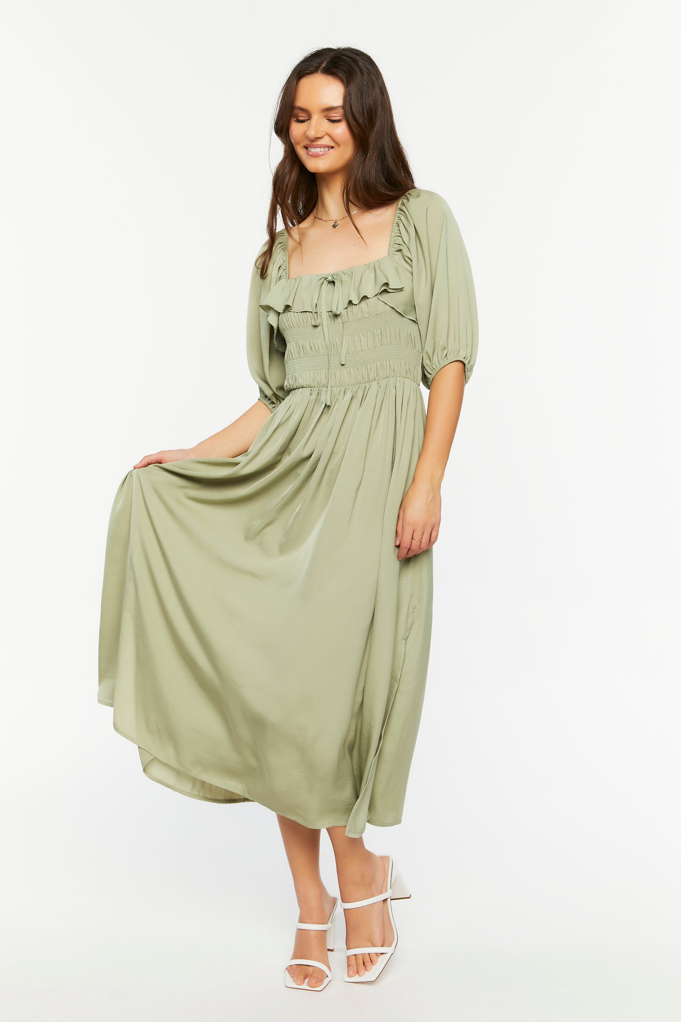 Sage Shirred Puff-Sleeve Midi Dress