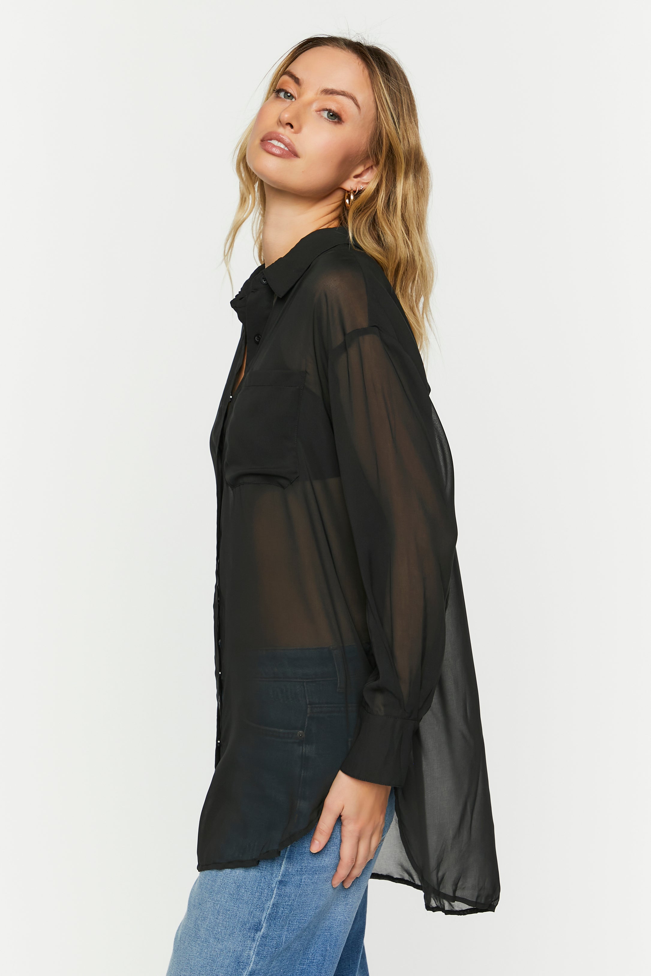 Black Sheer Oversized High-Low Shirt 1