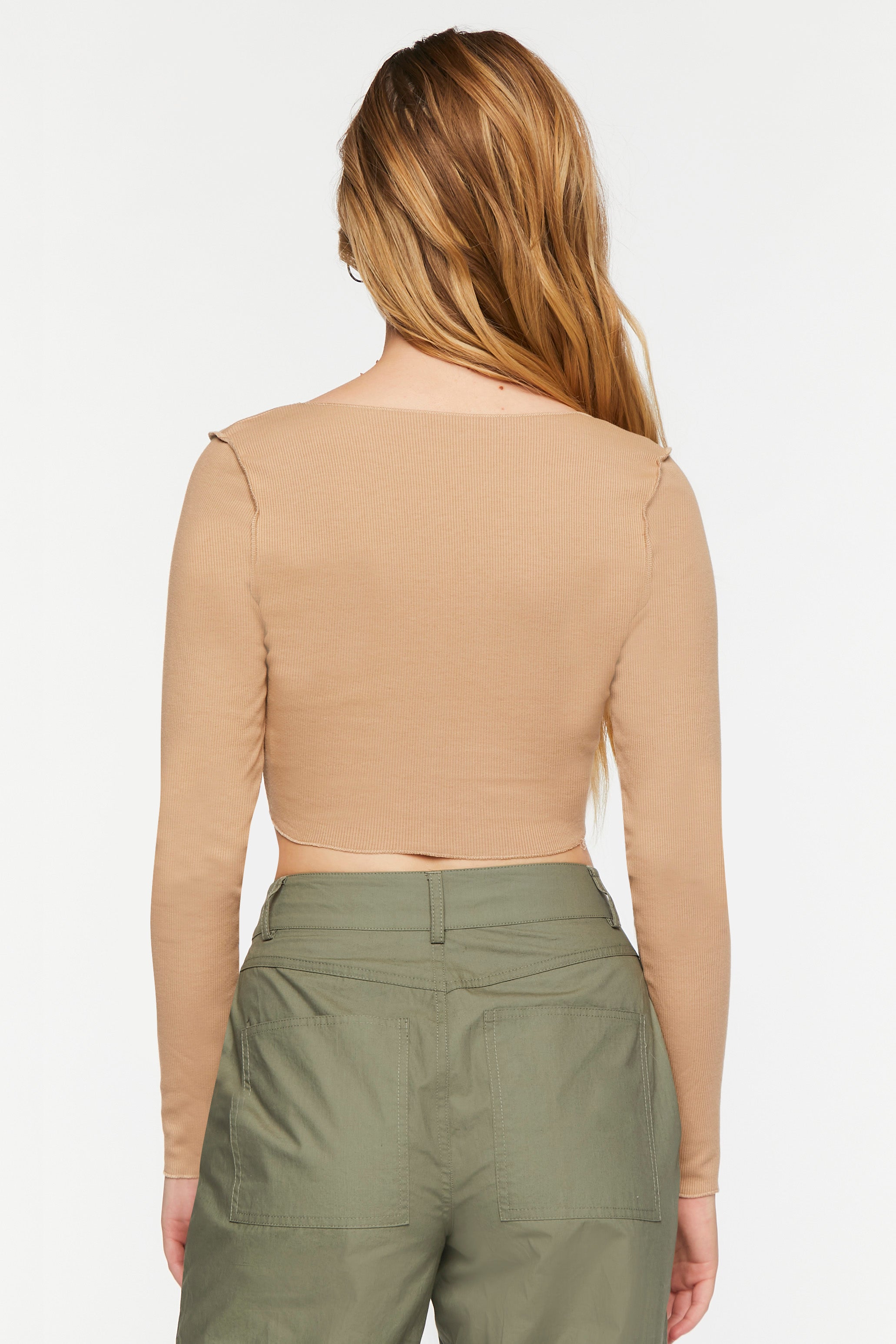 Taupe Exposed Seam Long-Sleeve Crop Top  2