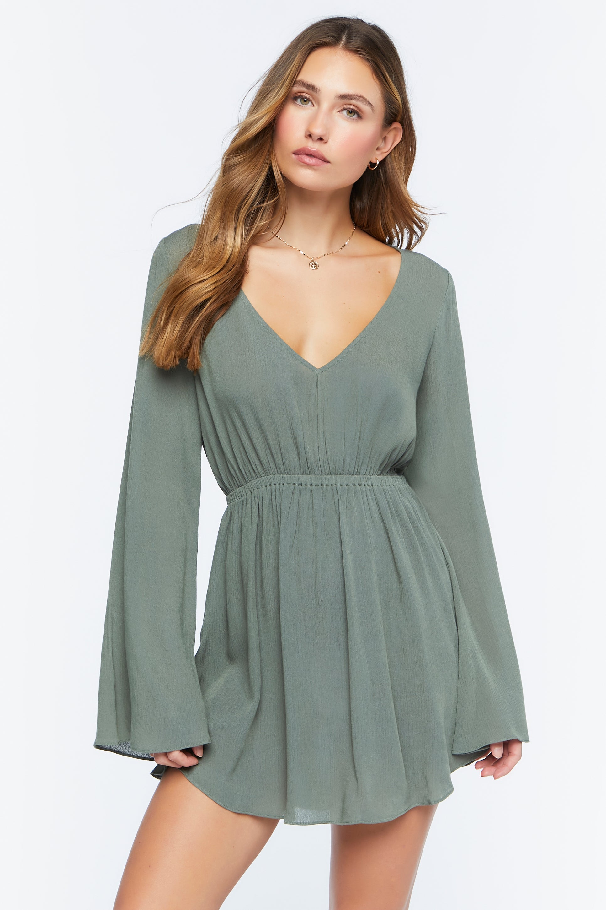 Olive Gauze Bell-Sleeve Mini Dress