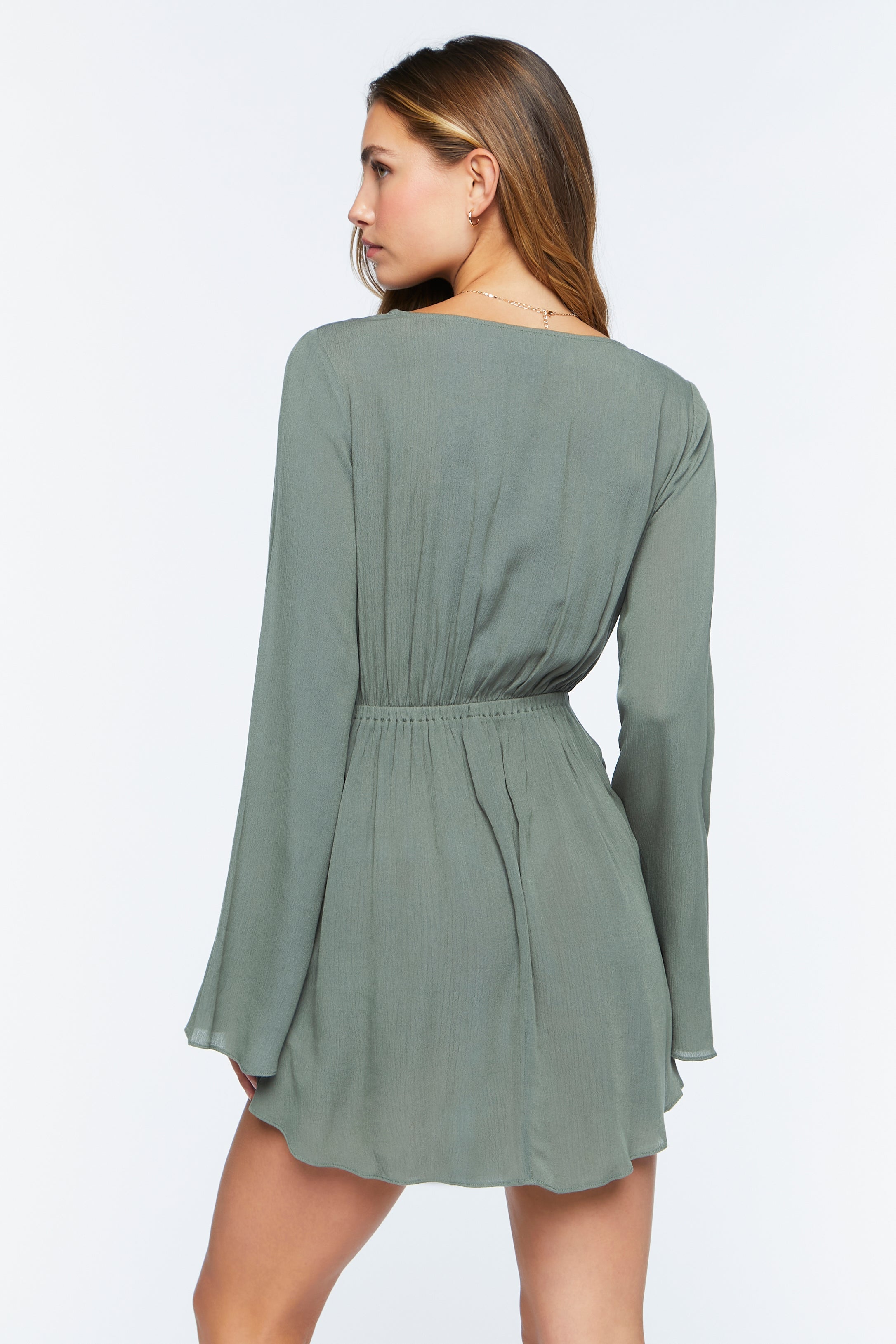 Olive Gauze Bell-Sleeve Mini Dress 2