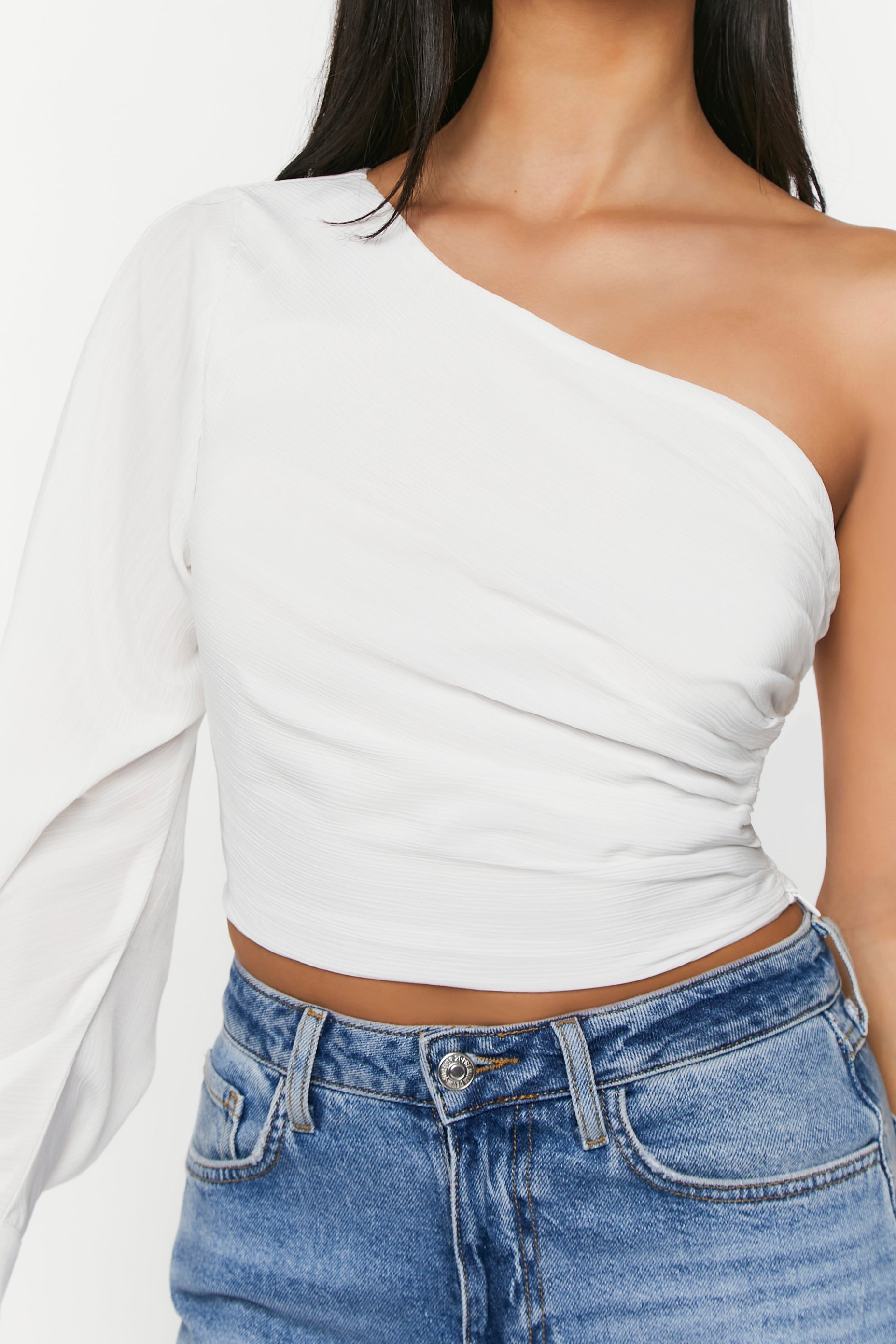 White Ruched One-Shoulder Top 2