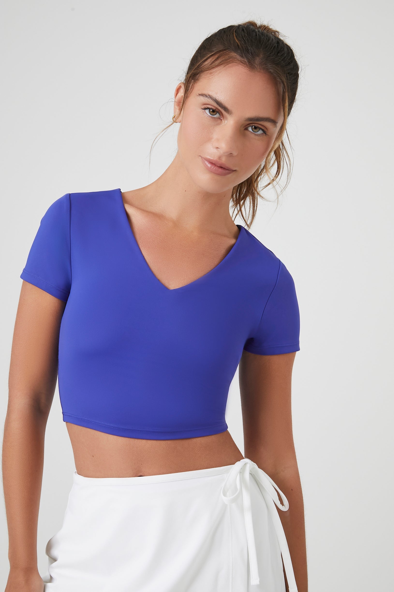 Blue Jewel Active Cropped V-Neck Tee
