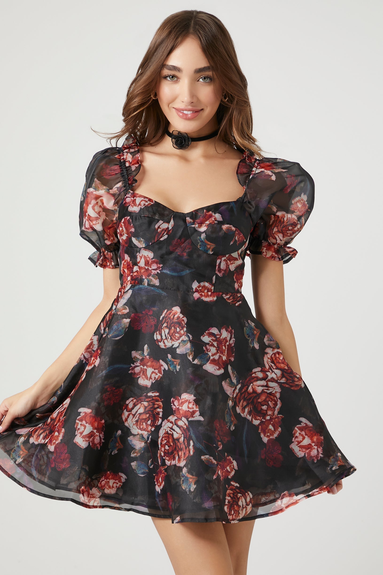 Black/Multi Floral Print Puff-Sleeve Mini Dress