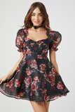 Black/Multi Floral Print Puff-Sleeve Mini Dress